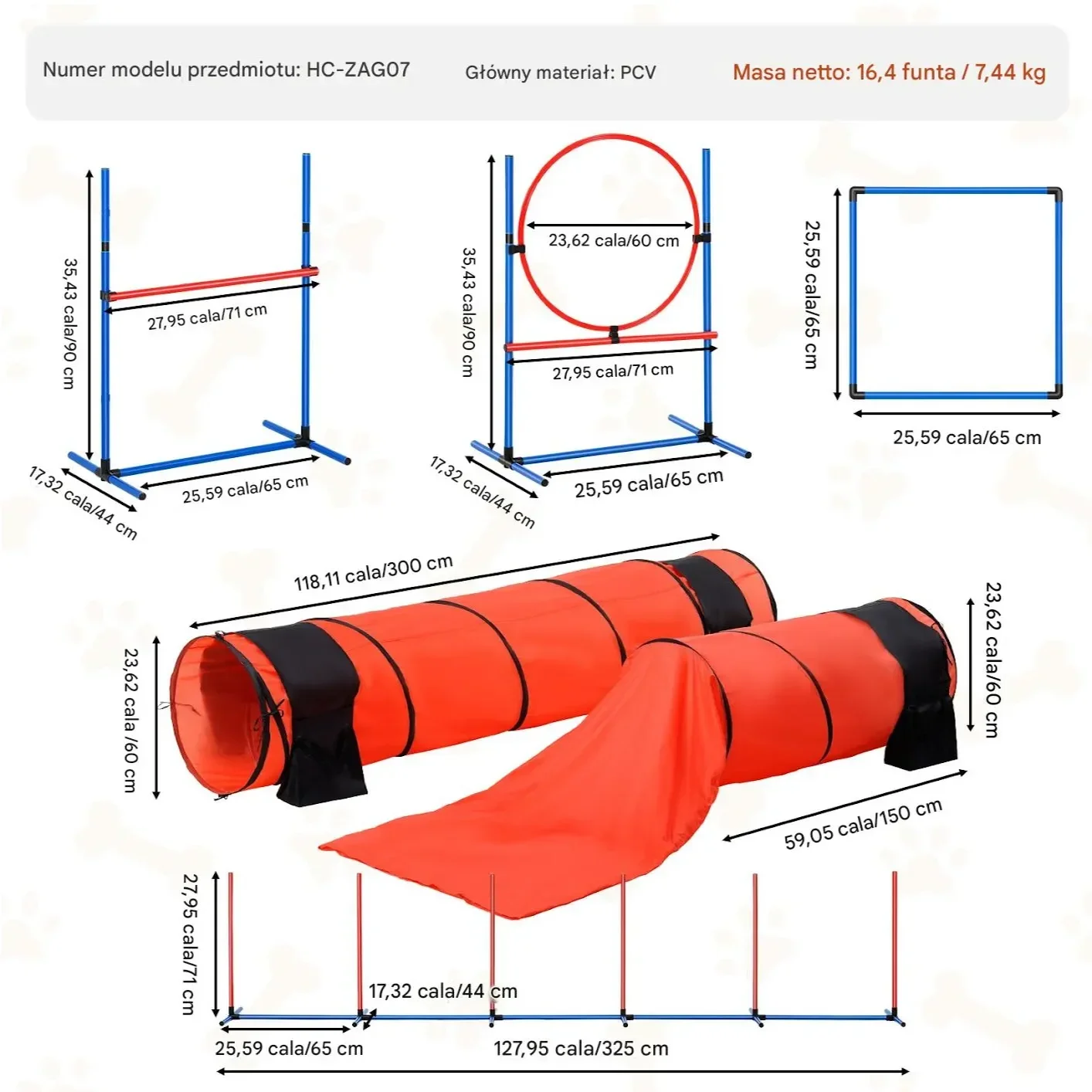 Sprzęt do treningu zwinności dla psa 7 elementów czerwony - płotki tunele