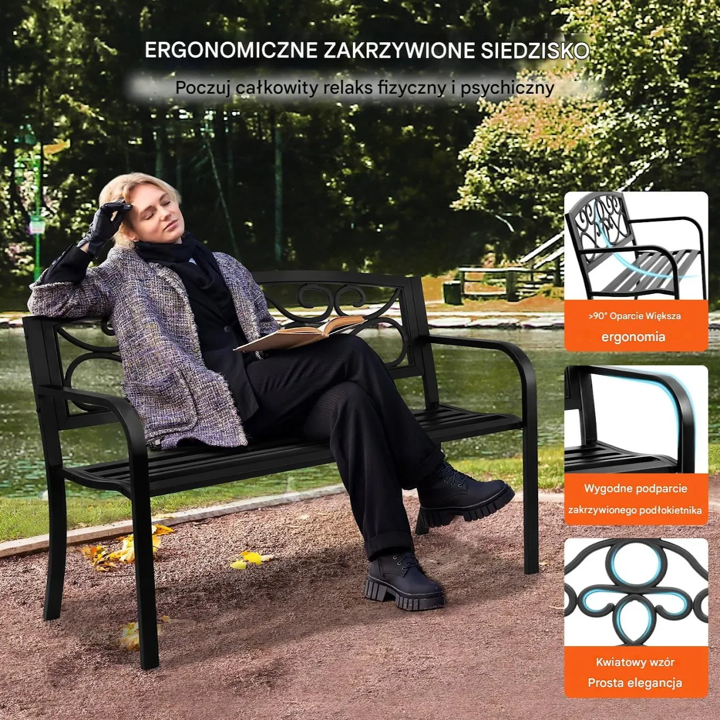 Ławka ogrodowa 127 cm - metalowa 250 kg - z oparciem i podłokietnikami - obrazek 3