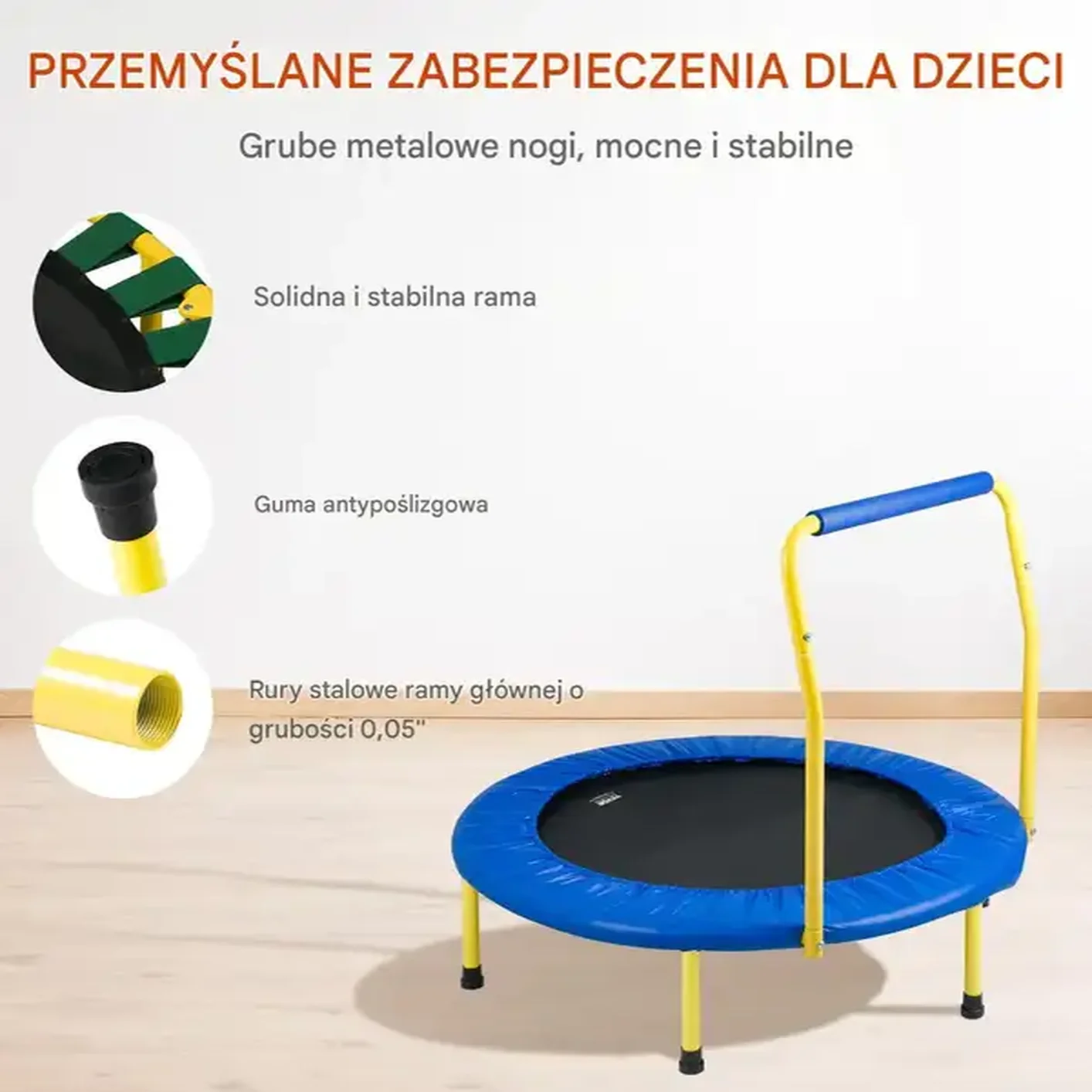 Trampolina domowa do ćwiczeń z poręczą dla dorosłych i dzieci 92 cm - obrazek 2