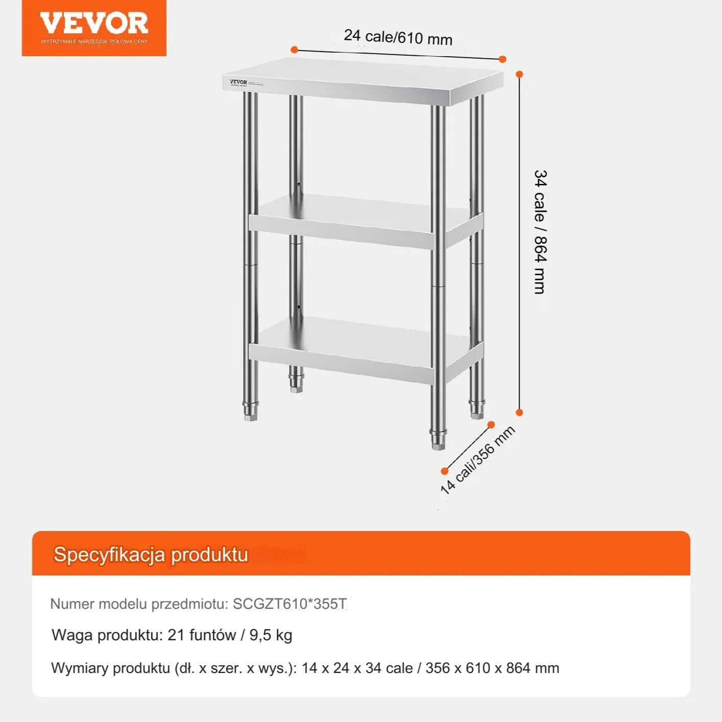 Stół Roboczy ze Stali Nierdzewnej 86x61x35cm