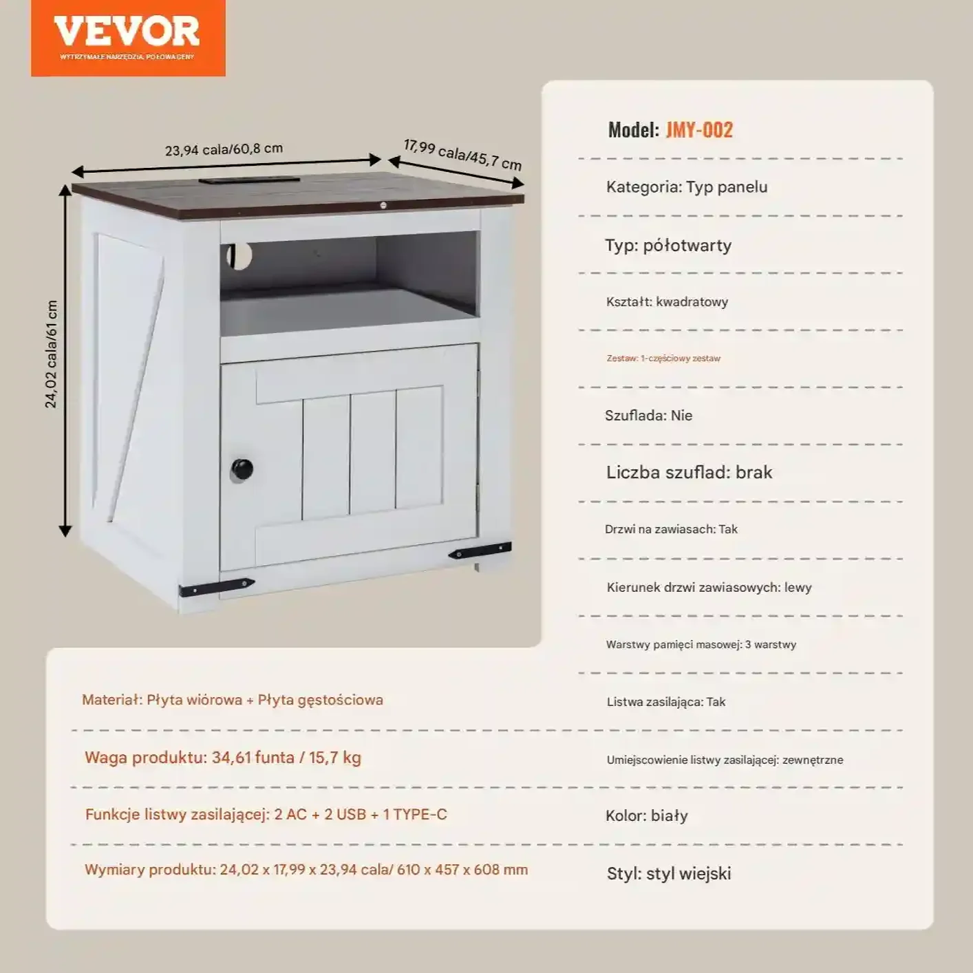 Stolik nocny z USB i szafką 3-poziomowy biały do salonu i sypialni