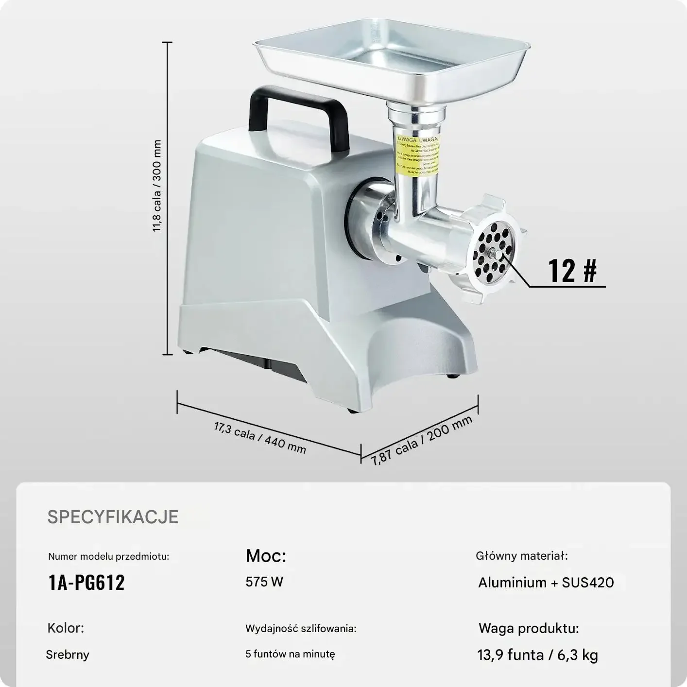 Maszynka do mięsa elektryczna 2,27kg/min 575W stal aluminiowa kiełbasy