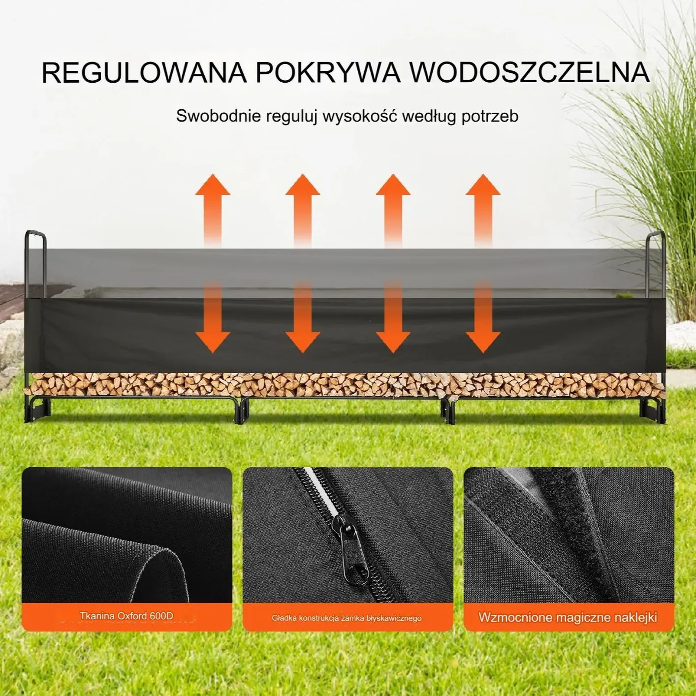 Stojak na drewno opałowe kominkowe duży kosz metalowy +plandeka 386x36cm - obrazek 2