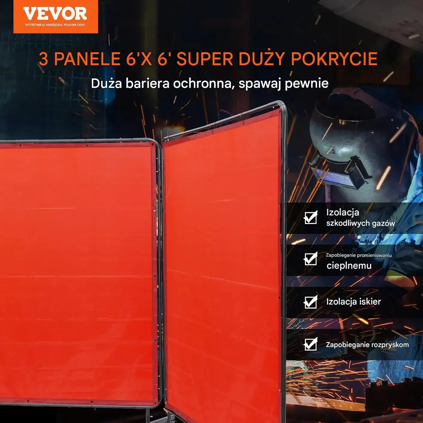Parawan spawalniczy 3-panelowy 180x180 ognioodporny na kółkach warsztat - obrazek 2