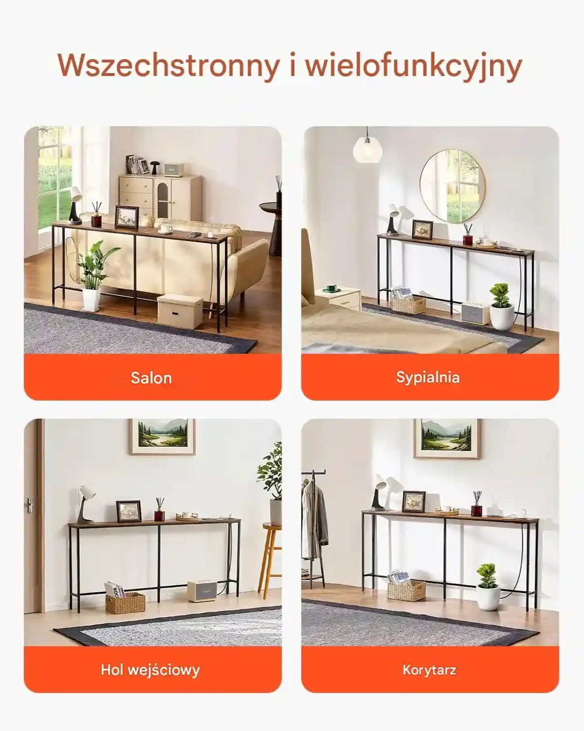 Konsola wąska 180 cm z gniazdkami metalowa półka do salonu i przedpokoju - obrazek 3