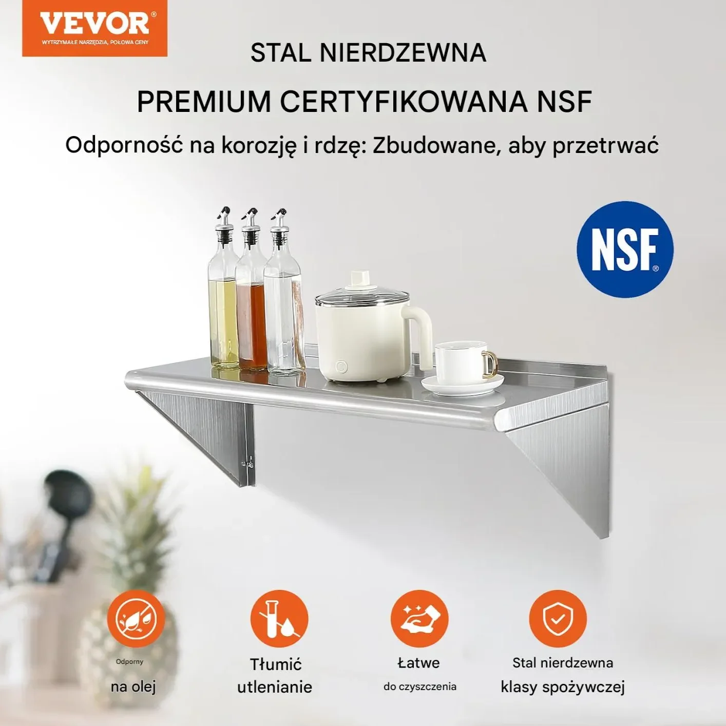 Półka ścienna 30x91 cm stal nierdzewna 113 kg - do kuchni baru hotelu - obrazek 6