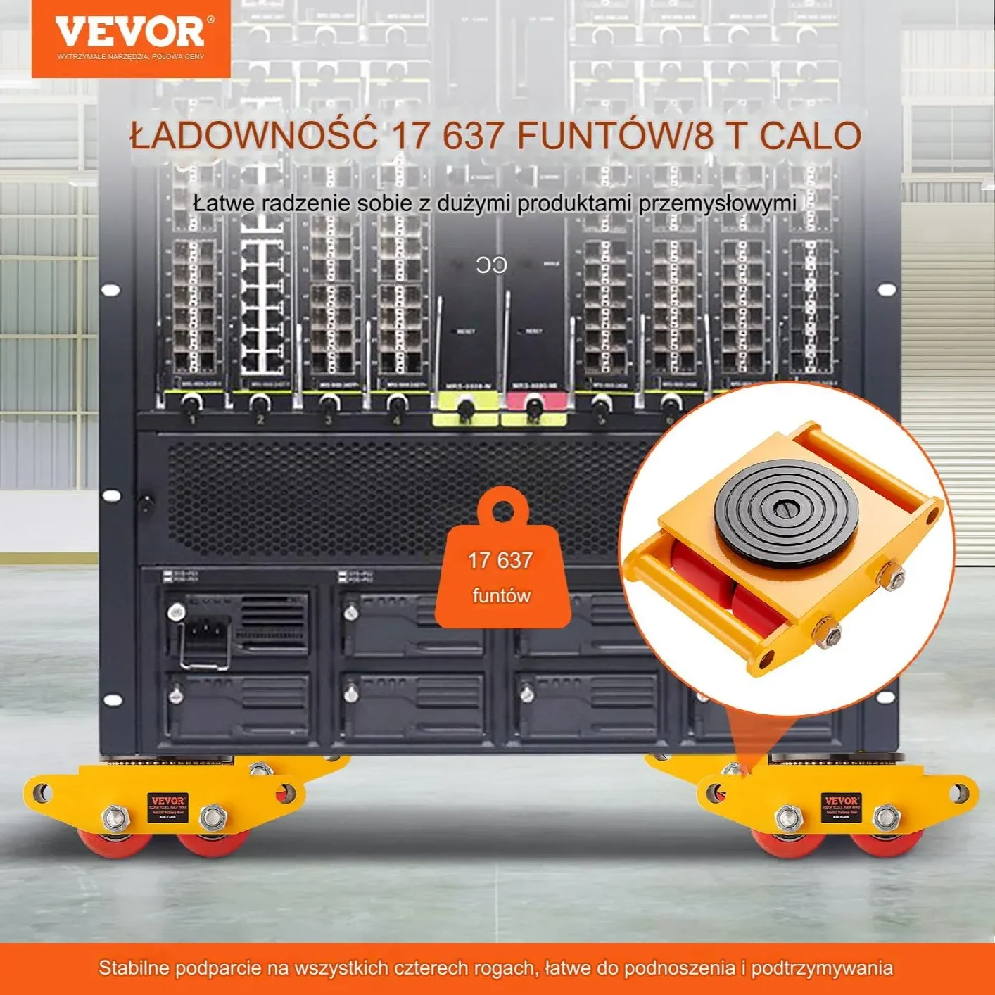 Podnośniki rolki transportowe 4szt 8T – stal węglowa 4 koła PU 360° obrotu - obrazek 6