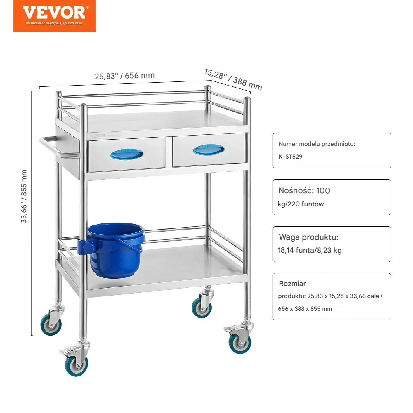 Wózek laboratoryjny medyczny – 2 poziomy 2 szuflady stal nierdzewna