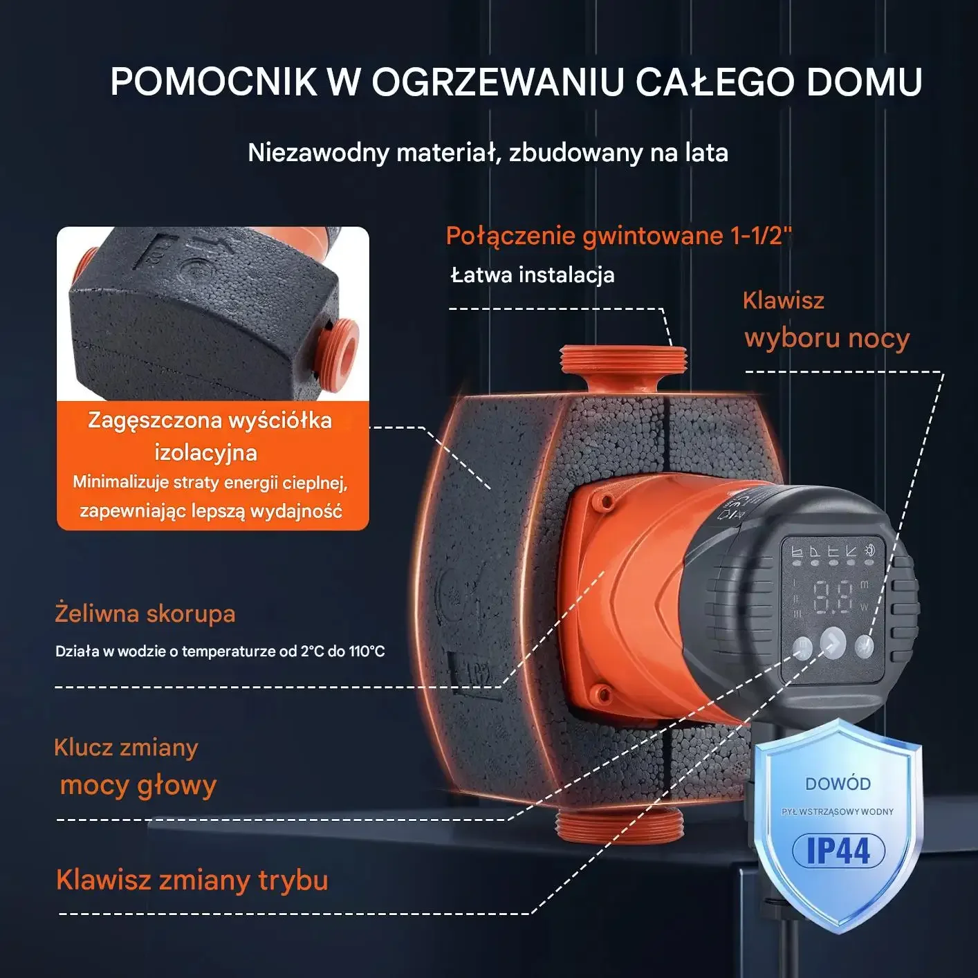 Pompa cyrkulacyjna ciepłej wody 220V 67 l/min 60W energooszczędna do CO - obrazek 5