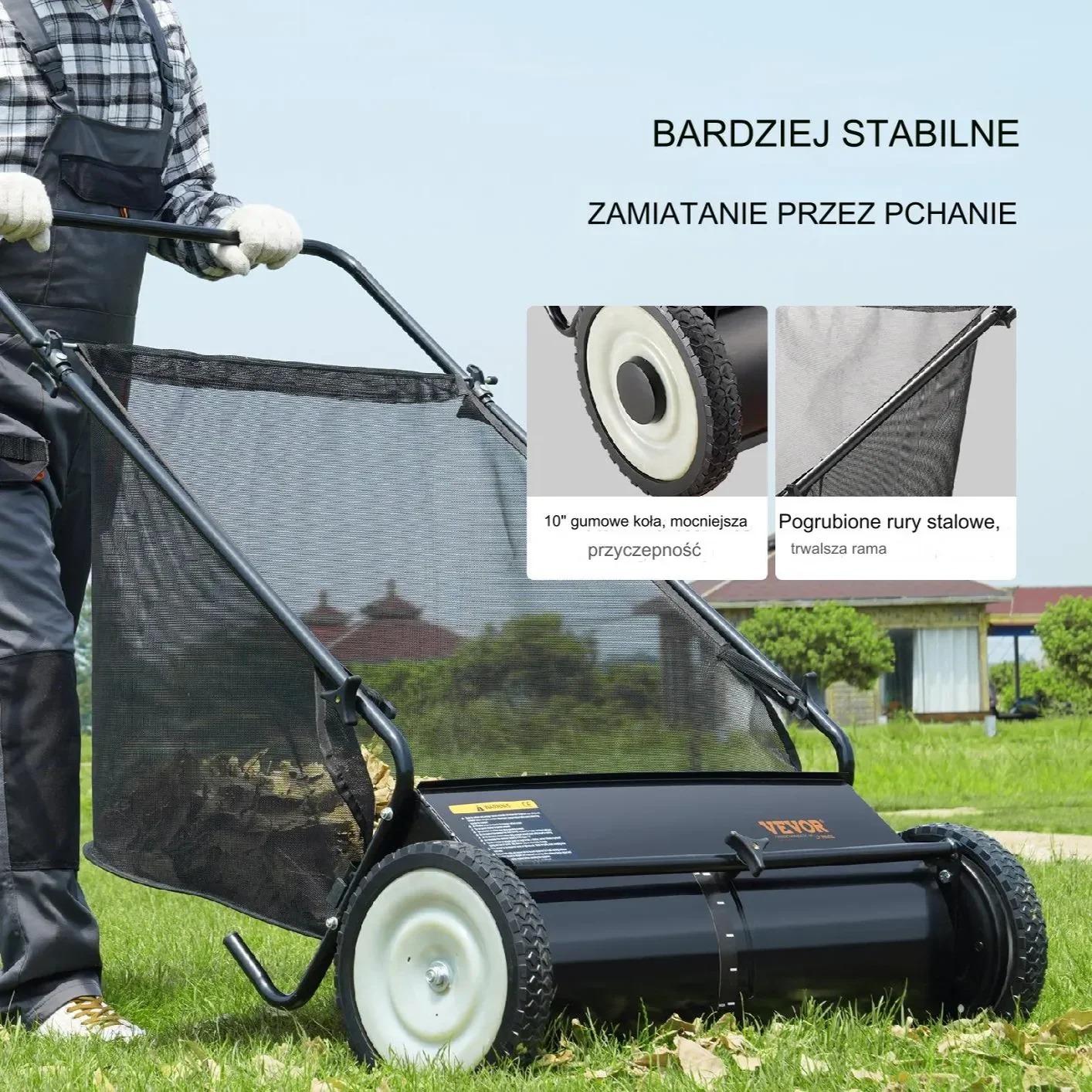 Zamiatarka do liści 66cm pojemna 7m³ 4 szczotki gumowe koła trawnik - obrazek 3