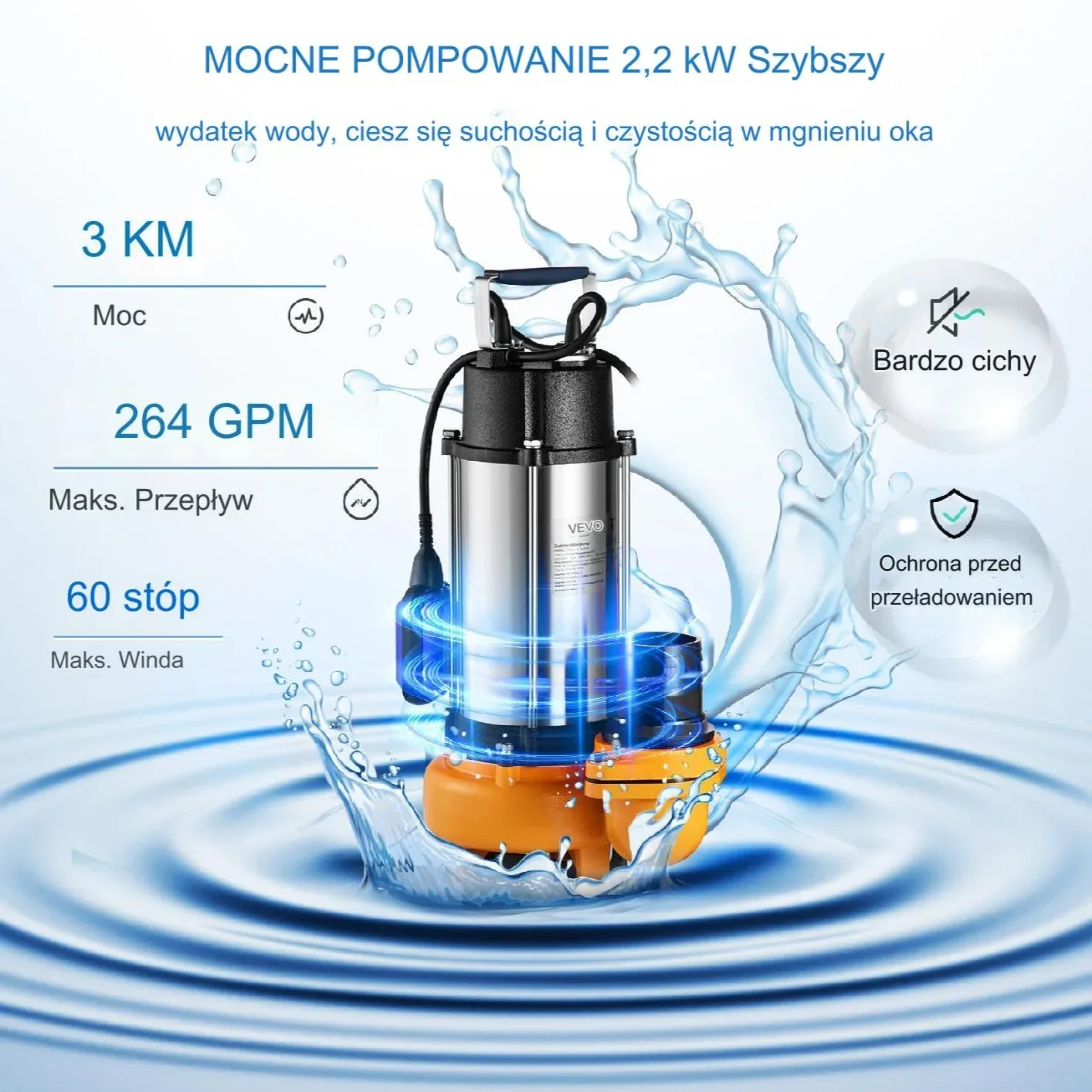 Pompa głębinowa membranowa górnossąca do wody studni zanurzeniowa 2200 W - obrazek 2