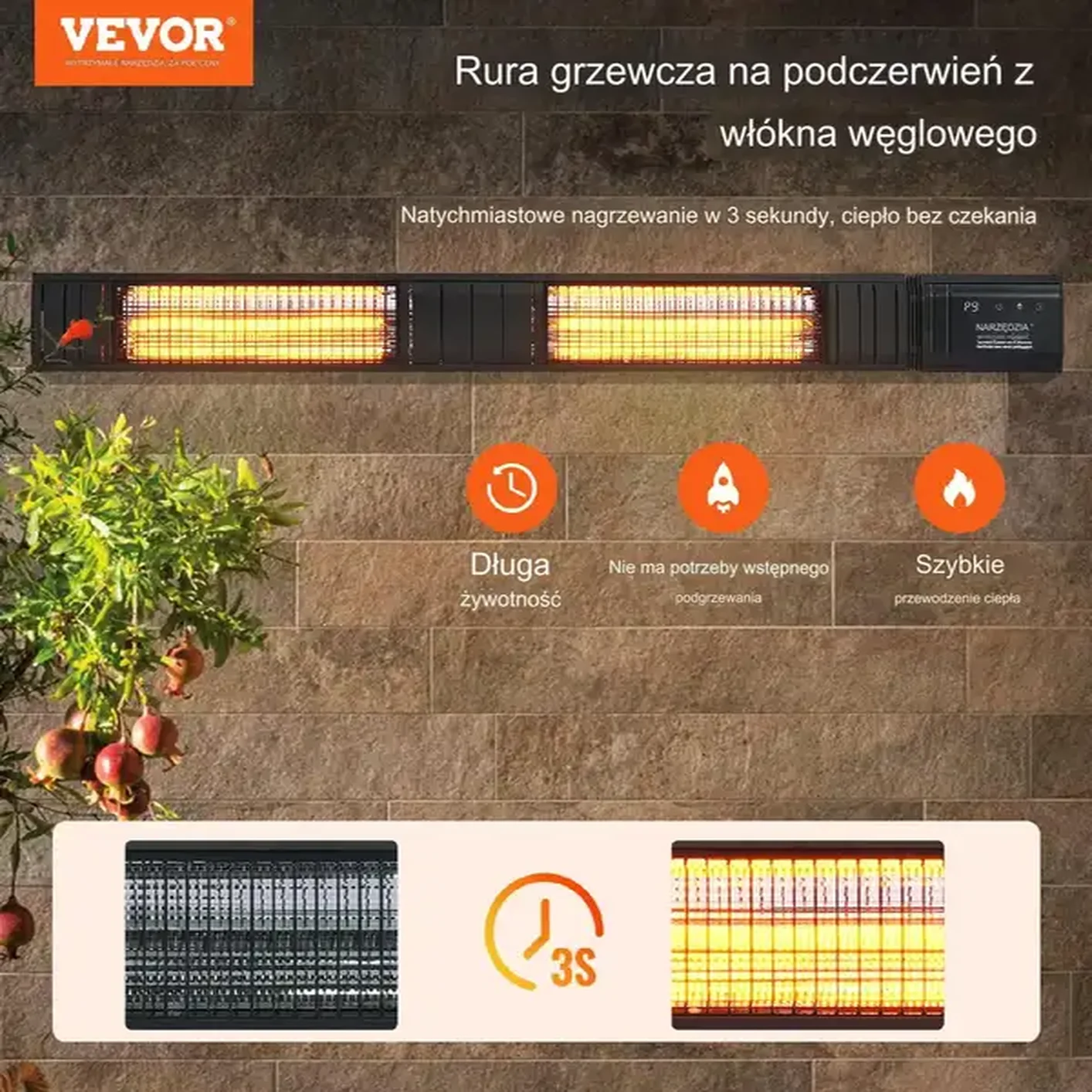 Promiennik podczerwieni grzejnik ogrodowy do ogrodu, tarasu 2000 W - obrazek 3