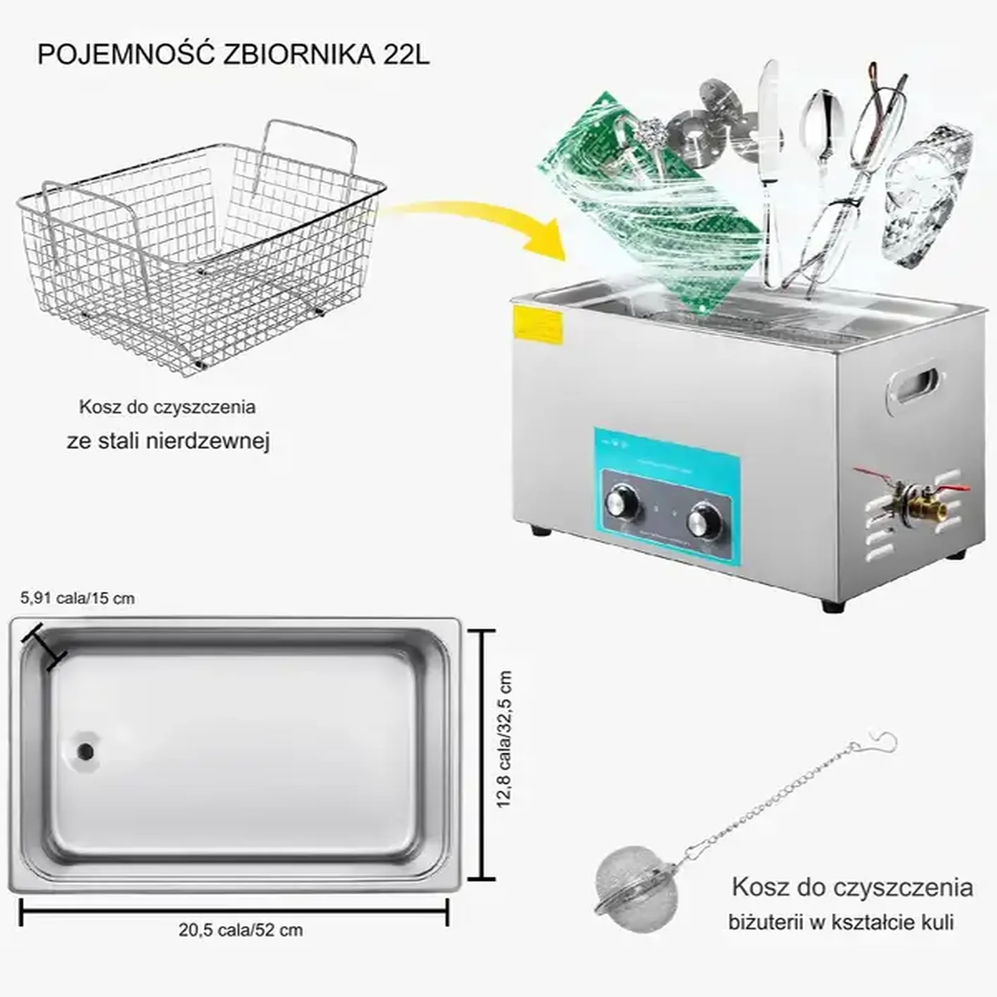 Myjka Ultradźwiękowa do czyszczenia biżuterii narzędzi 22 L 300W - obrazek 4