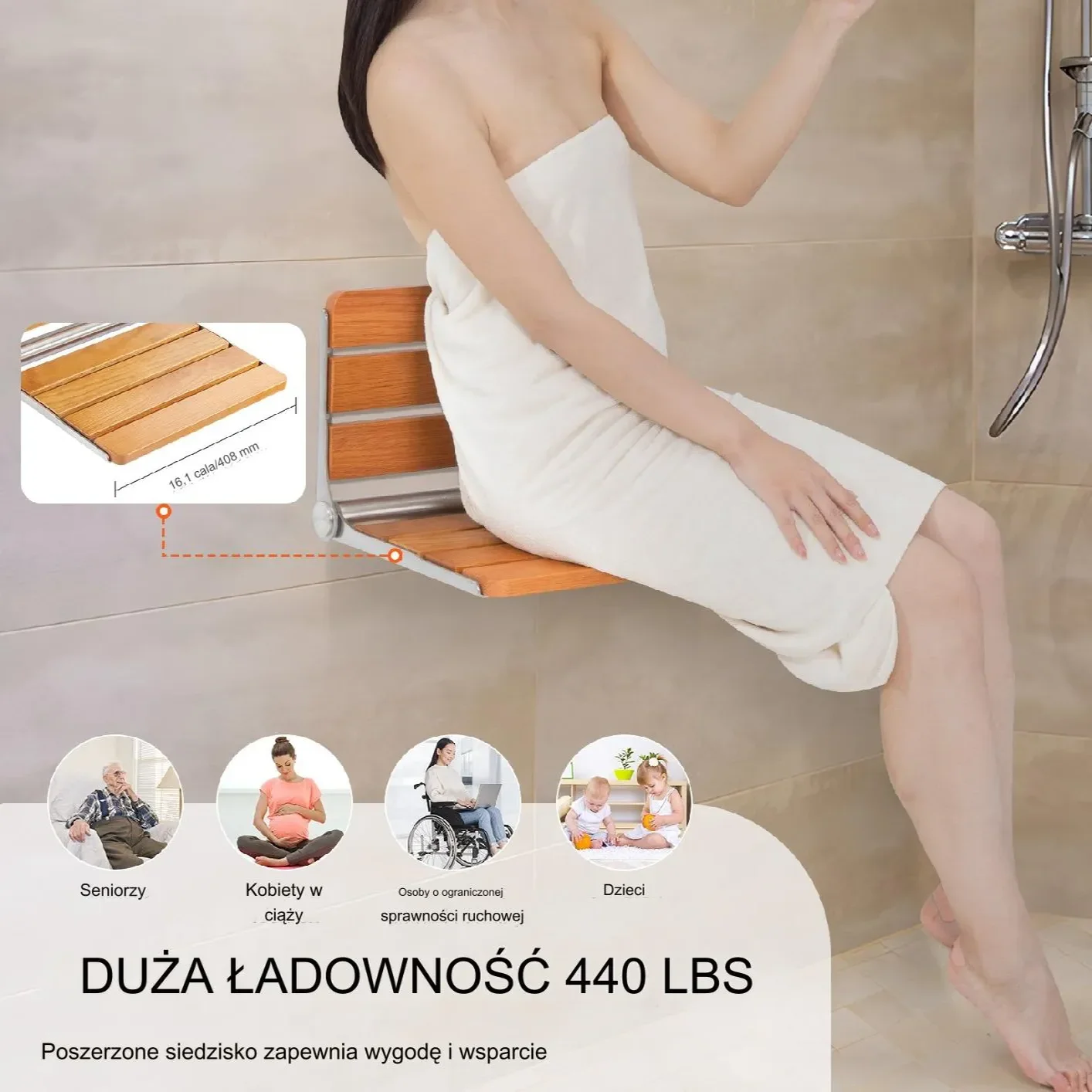 Składane siedzisko prysznicowe dębowe 41x34 cm montaż ścienny - obrazek 5