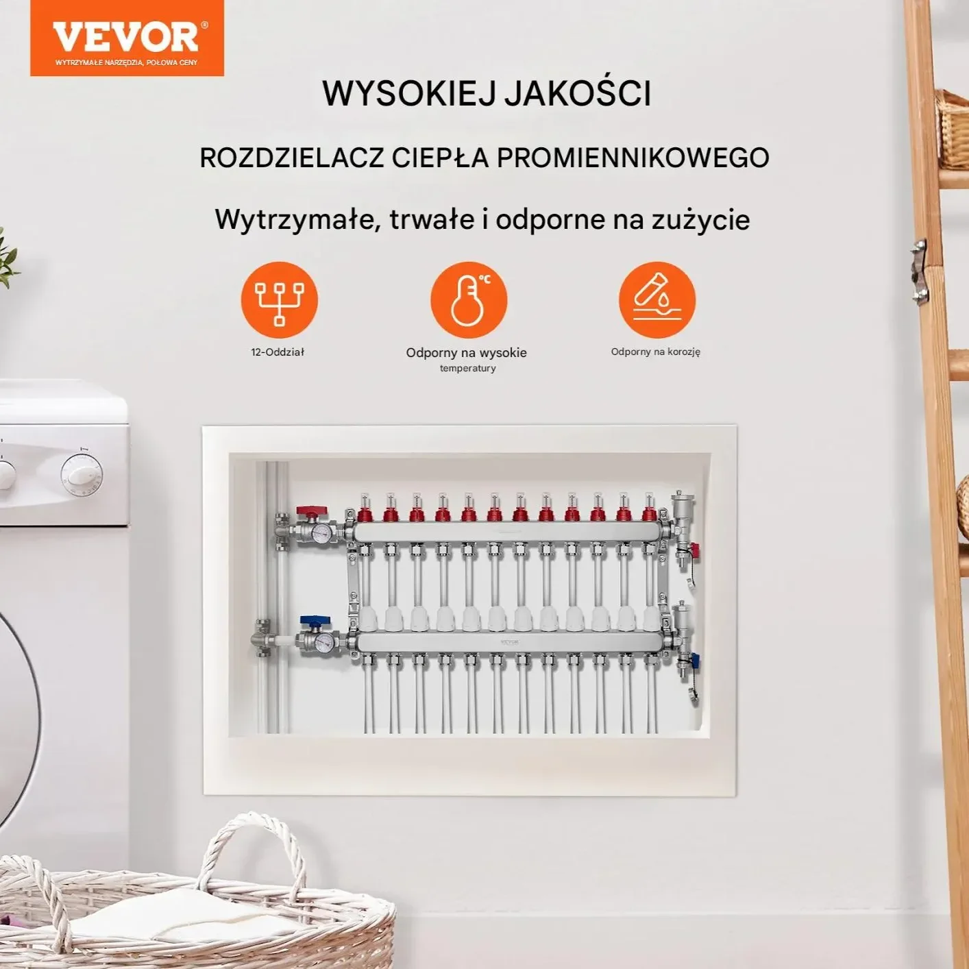 Rozdzielacz ogrzewania podłogowego 12 obw. PEX 1/2 stal z adapterami - obrazek 2