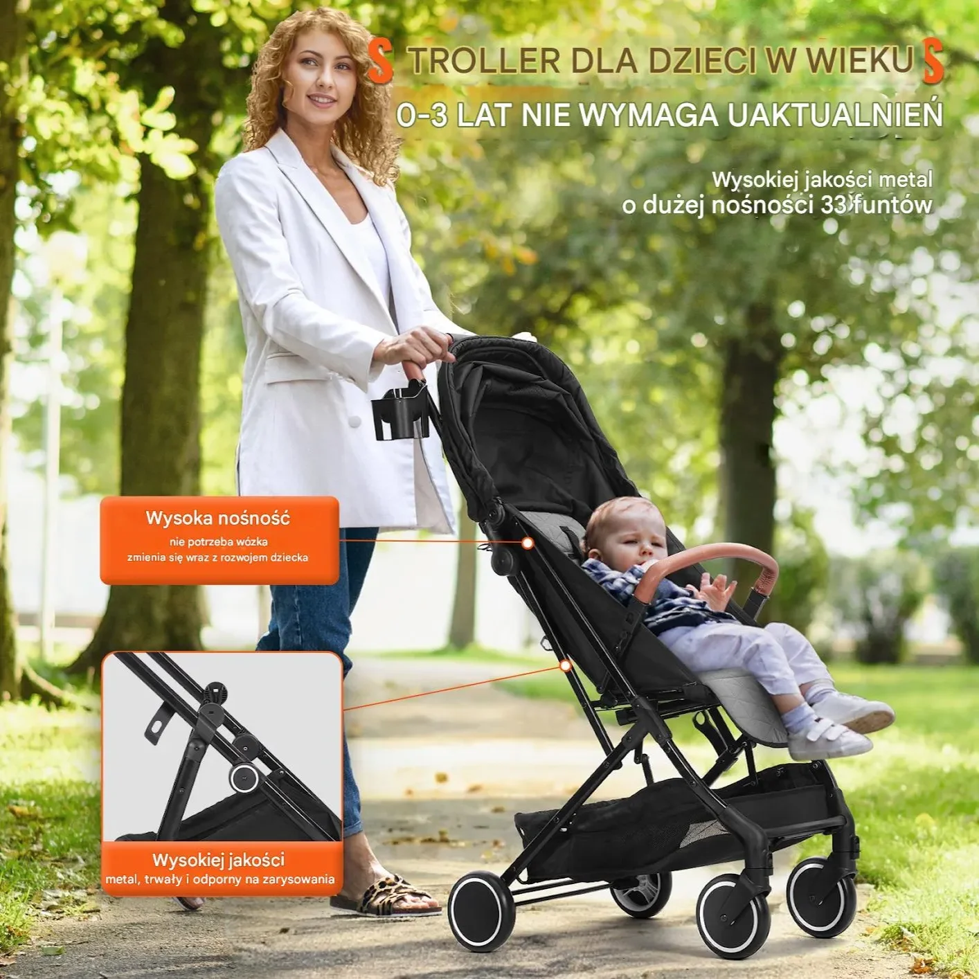 Ultralekki czarny wózek spacerowy – komfort bezpieczeństwo i mobilność