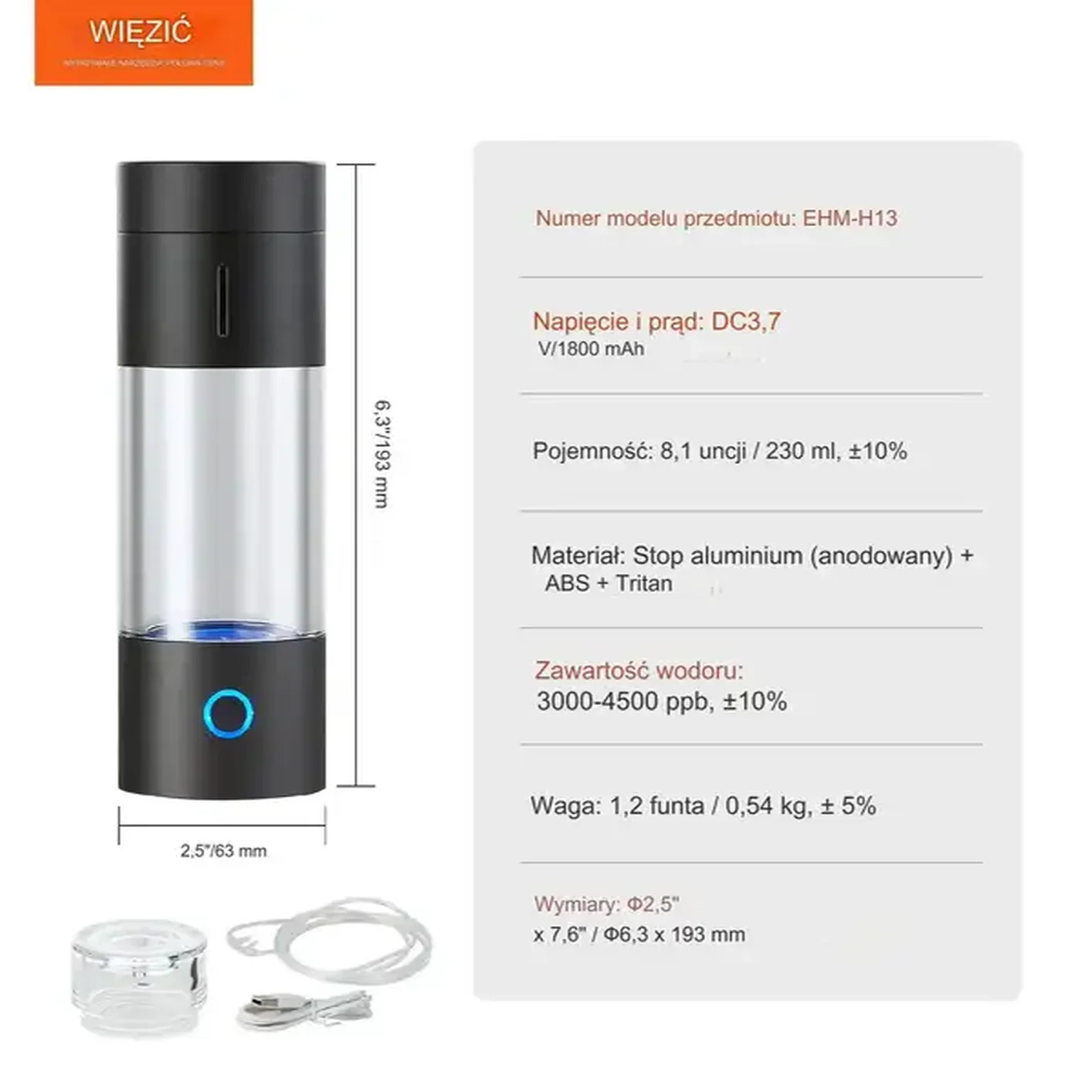 Generator wody wodorowej Jonizator wody 230ml - obrazek 2