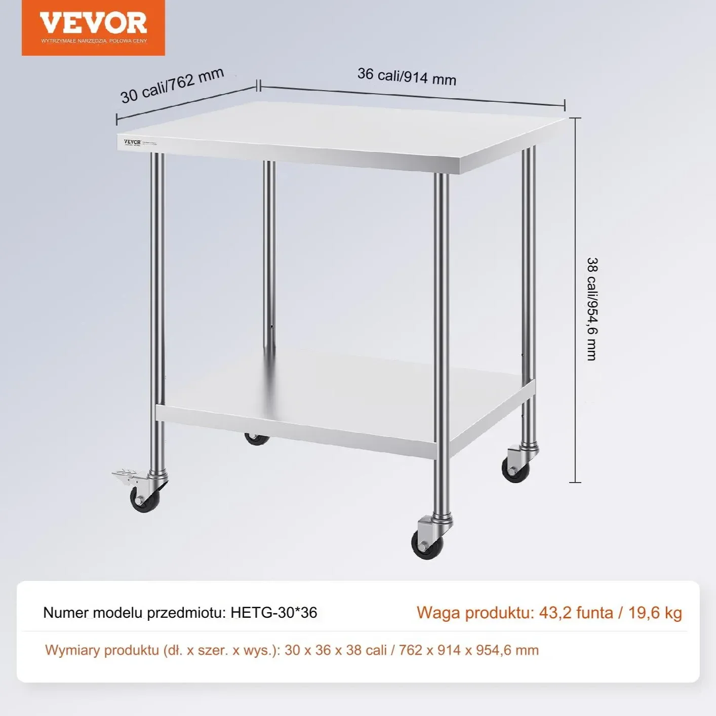 Stół blat roboczy nierdzewny 76x91cm 4 kółka stal gastronomia mobilny