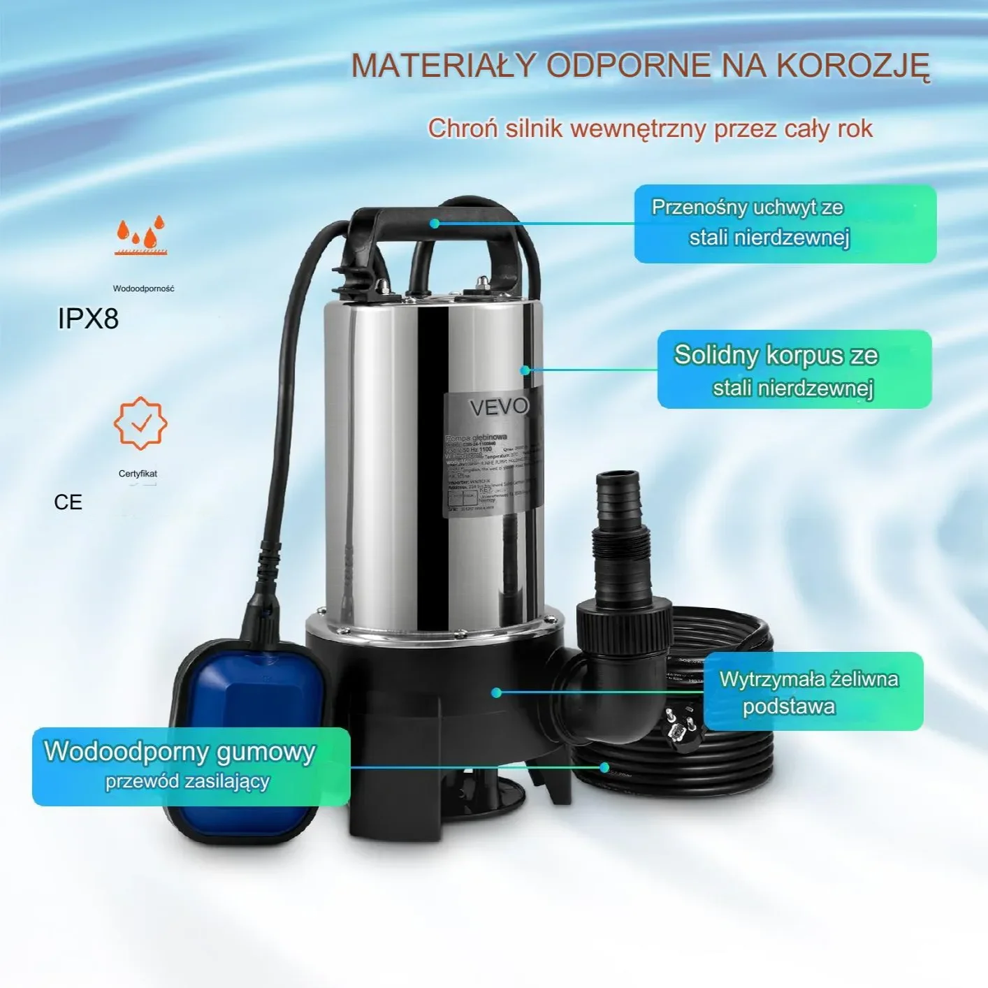 Pompa głębinowa membranowa górnossąca do wody studni zanurzeniowa 1300W - obrazek 2