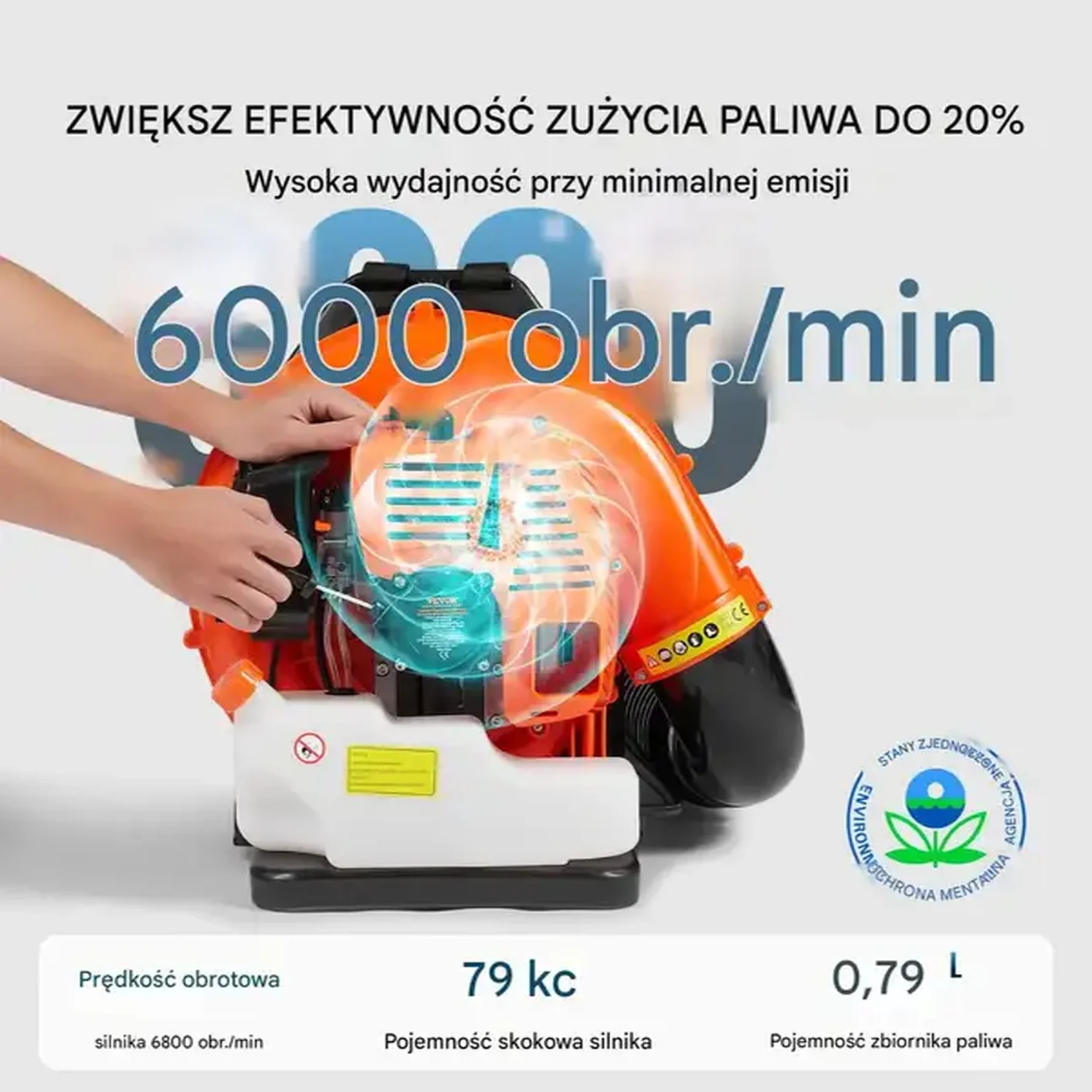Dmuchawa do liści plecakowa 79CC 2-suw 930CFM 184MPH do liści i śniegu - obrazek 3