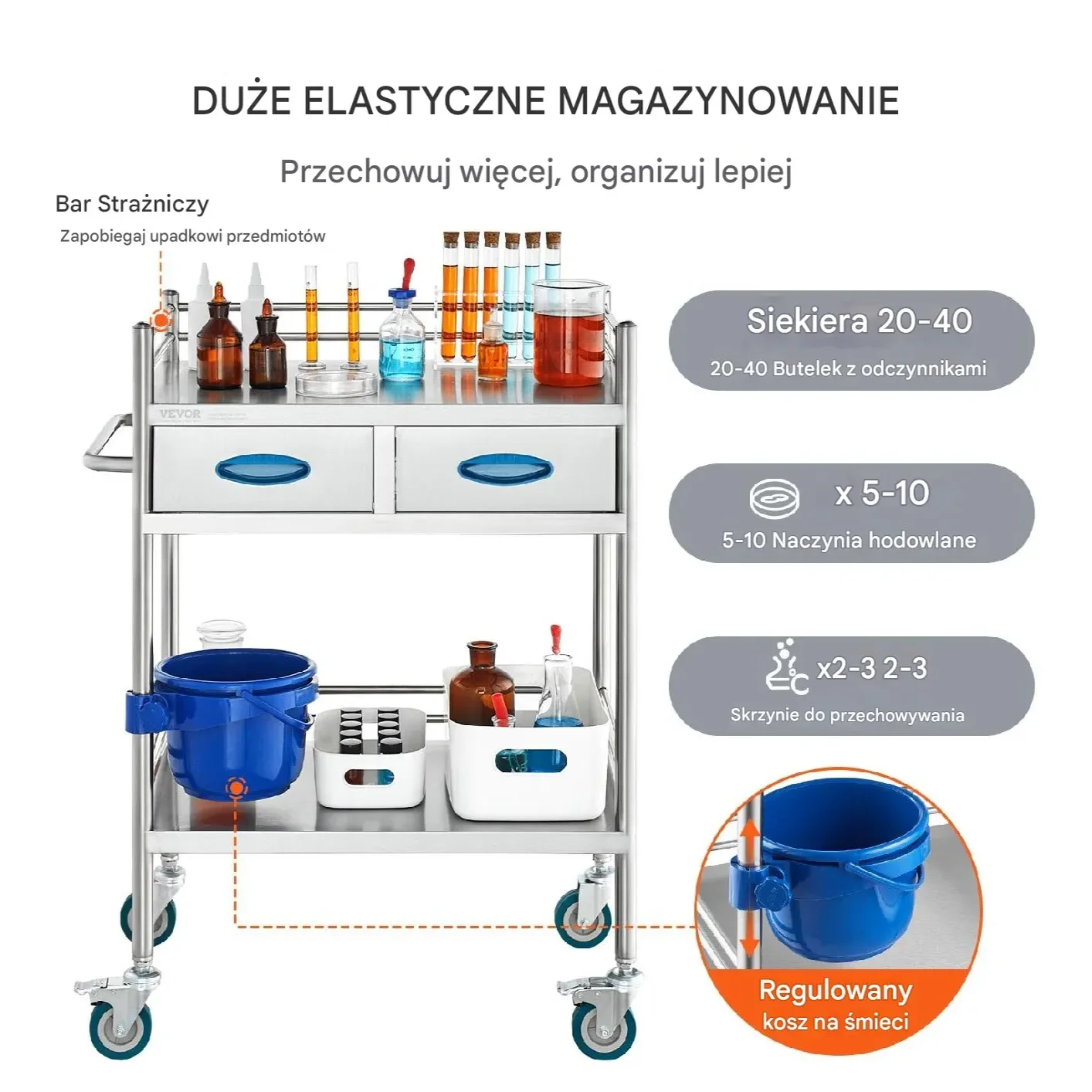 Wózek laboratoryjny medyczny – 2 poziomy 2 szuflady stal nierdzewna - obrazek 3