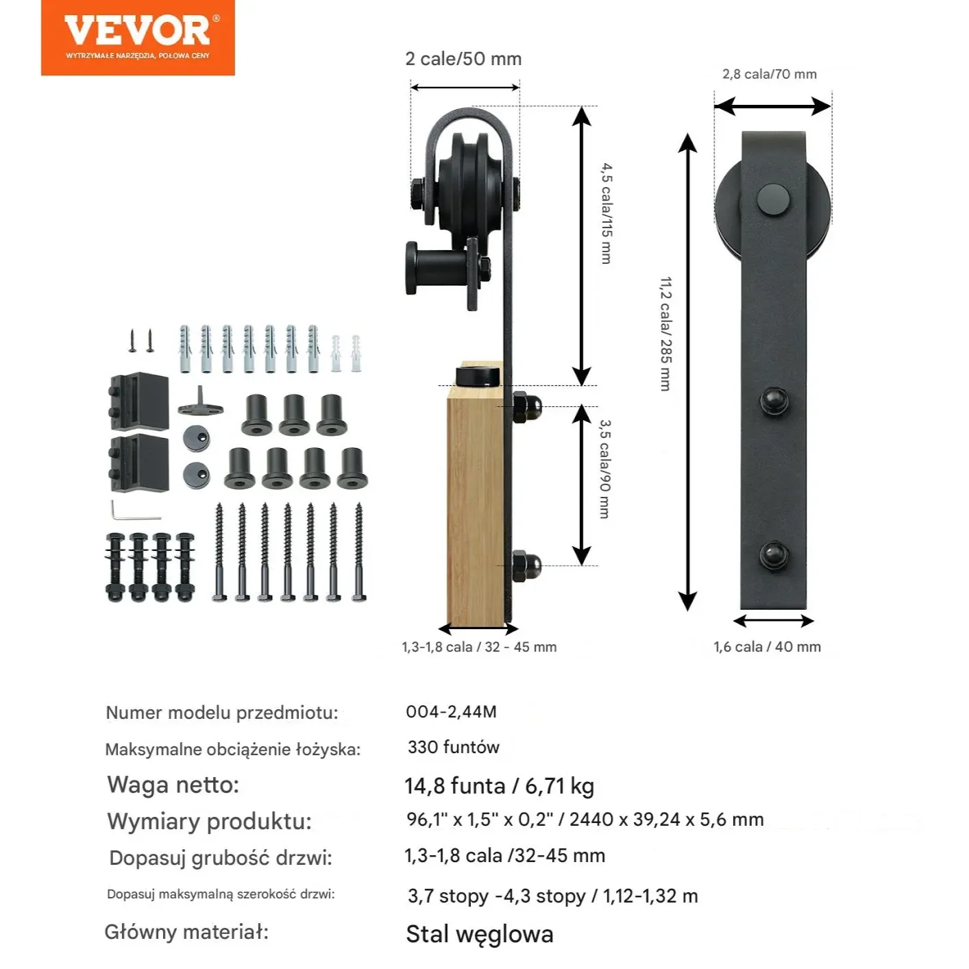 System Przesuwny do Drzwi Barn Door – Cichy System z Wieszakami J 2,4 m - obrazek 3