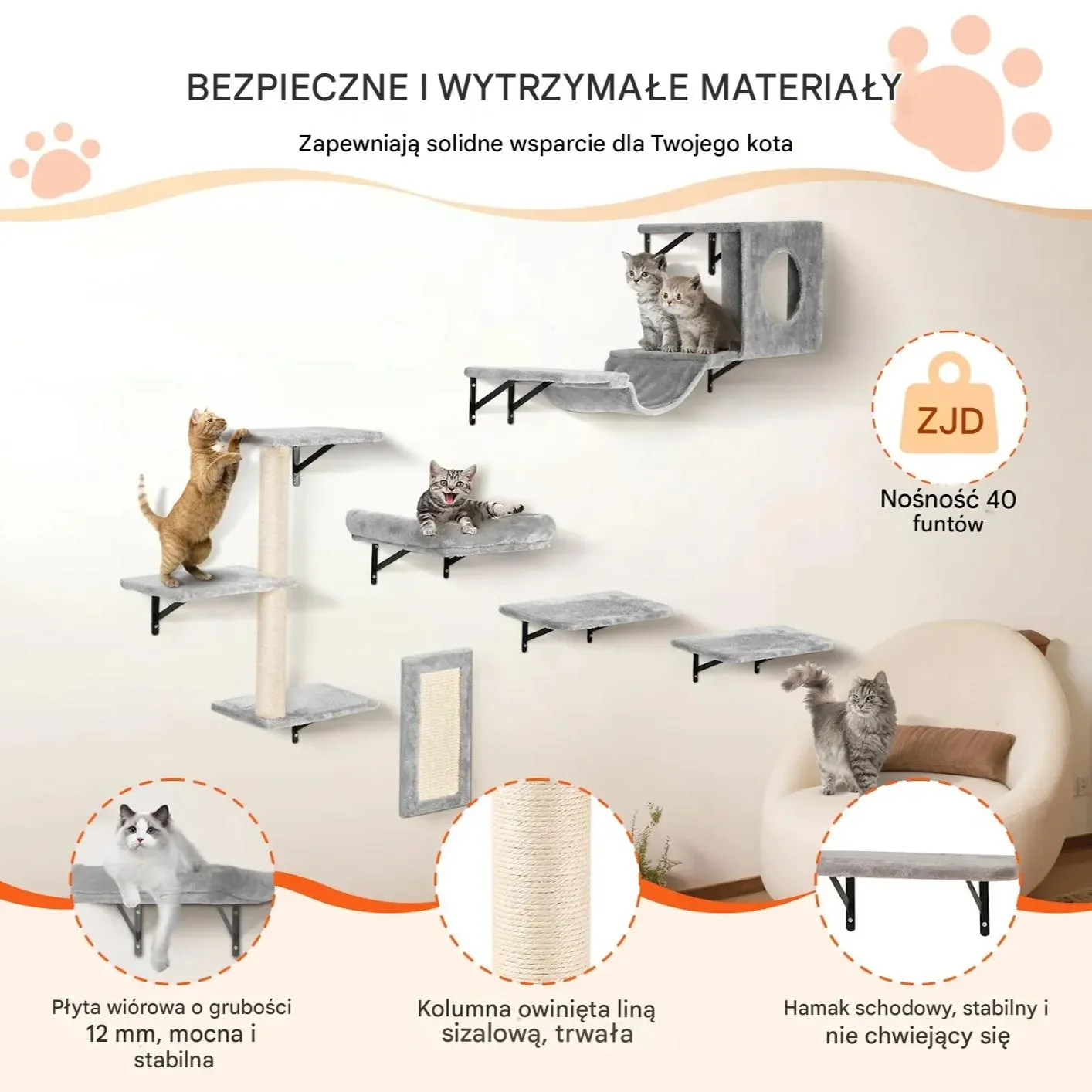 Półki dla kota 6szt ścienne – zestaw platformy hamak drapak do zabawy - obrazek 2