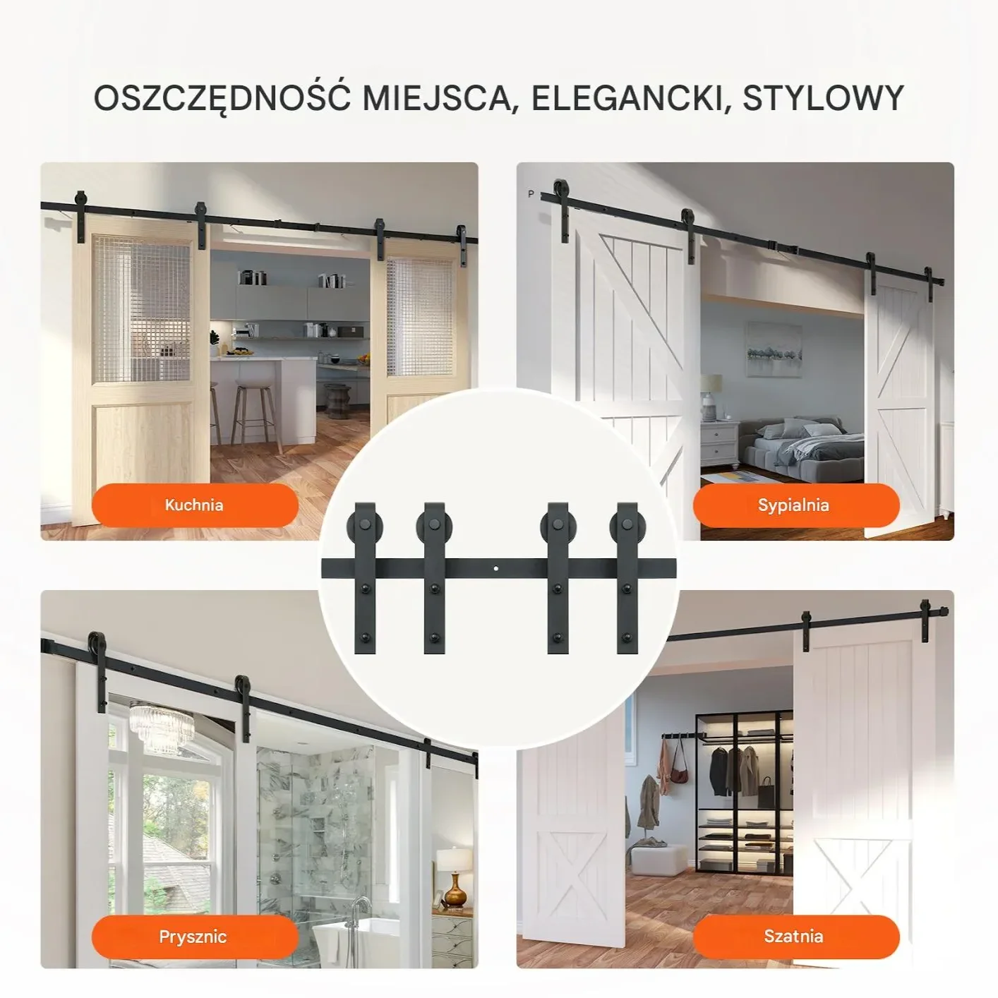 Zestaw Przesuwny do Podwójnych Drzwi – Cichy System z Wieszakami J 2,4 m - obrazek 2