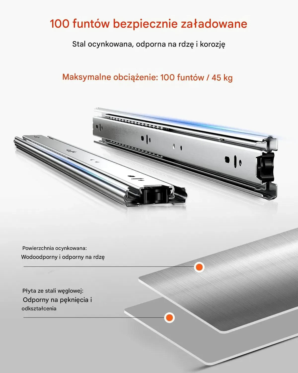 Szyny prowadnice do szuflad 50 cm 10 par boczne 100 kg montaż boczny meble - obrazek 2
