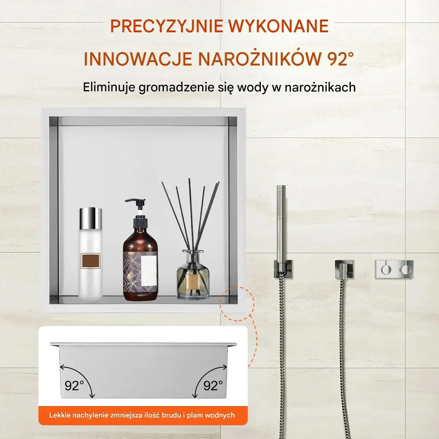 Półka wnękowa prysznicowa 33x33 cm stal 304 wodoodporna podwójna bez płytek - obrazek 4