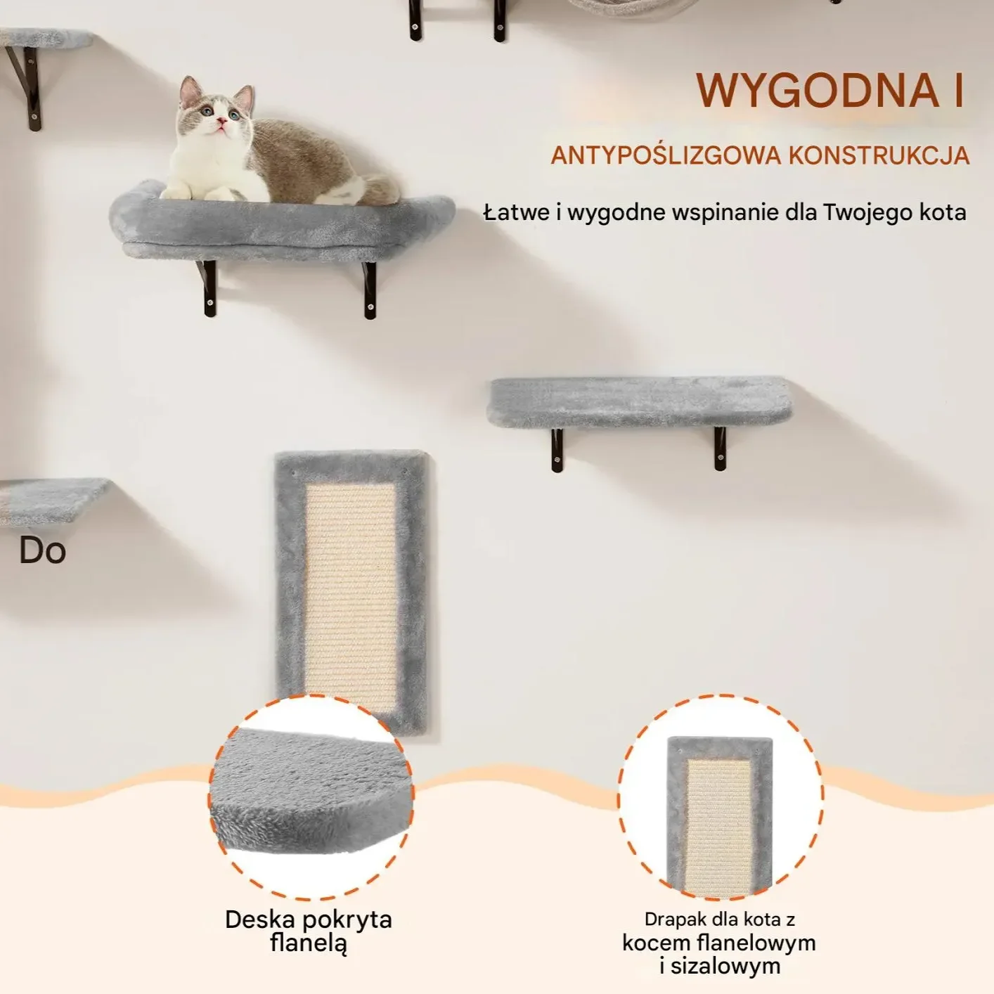 Półki dla kota 6szt ścienne – zestaw platformy hamak drapak do zabawy - obrazek 4