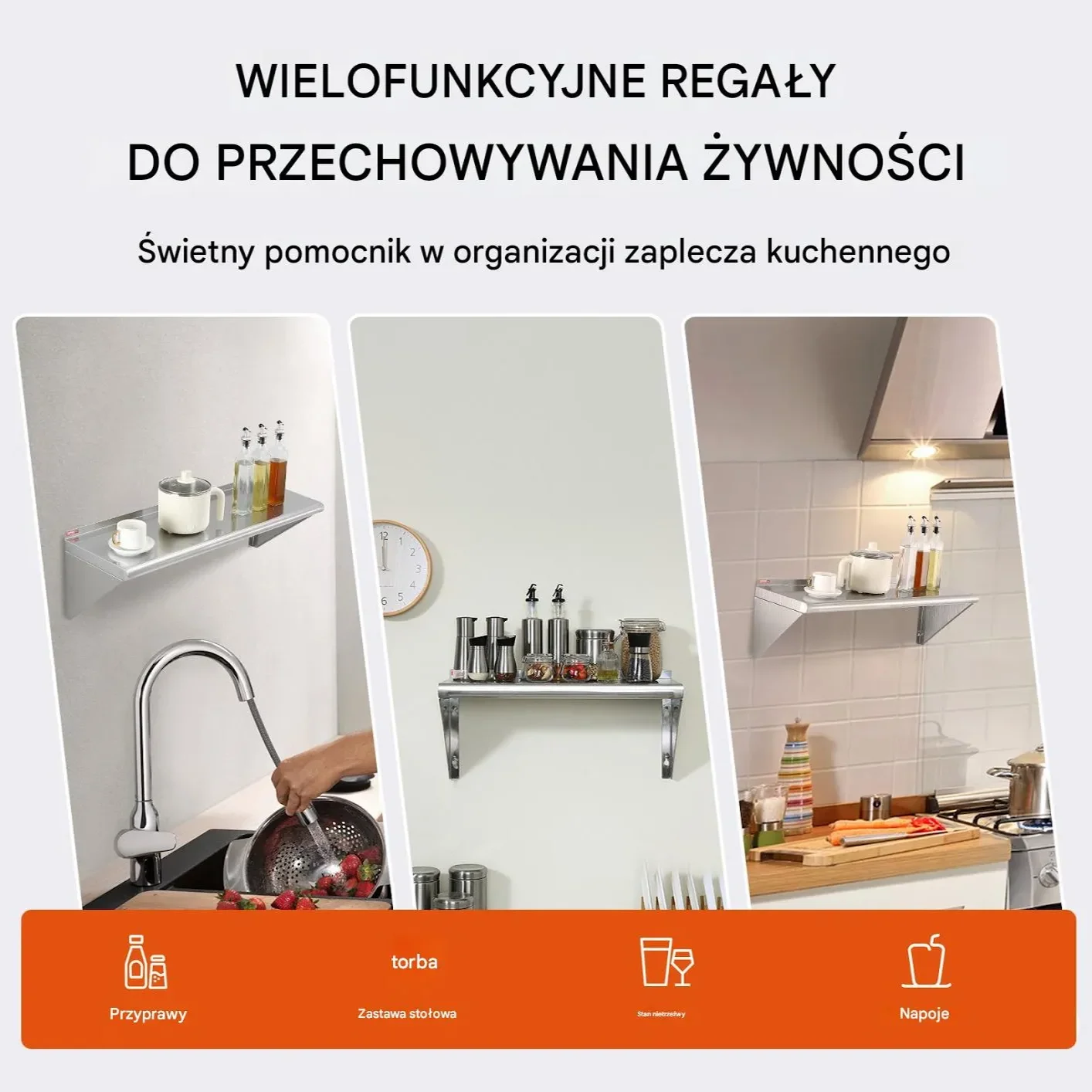 Półka ścienna 30x91 cm stal nierdzewna 113 kg - do kuchni baru hotelu - obrazek 5