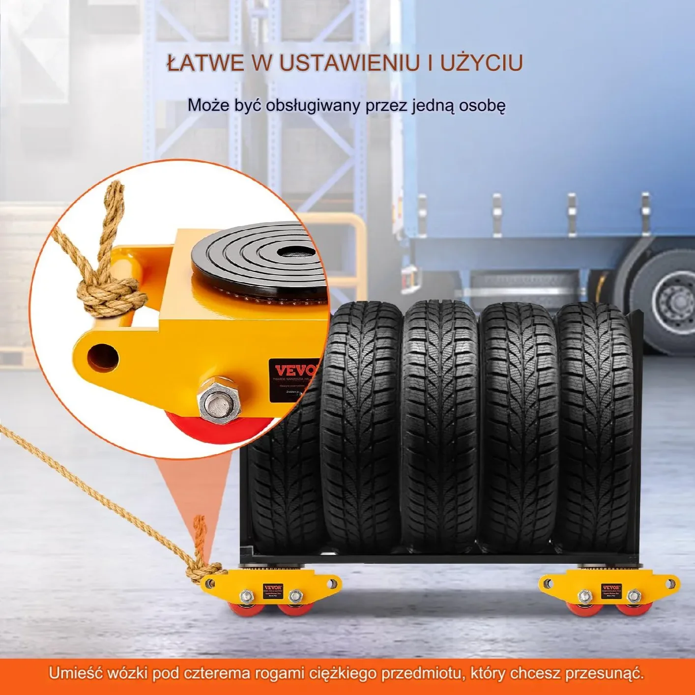 Podnośniki rolki transportowe 4szt 8T – stal węglowa 4 koła PU 360° obrotu - obrazek 4