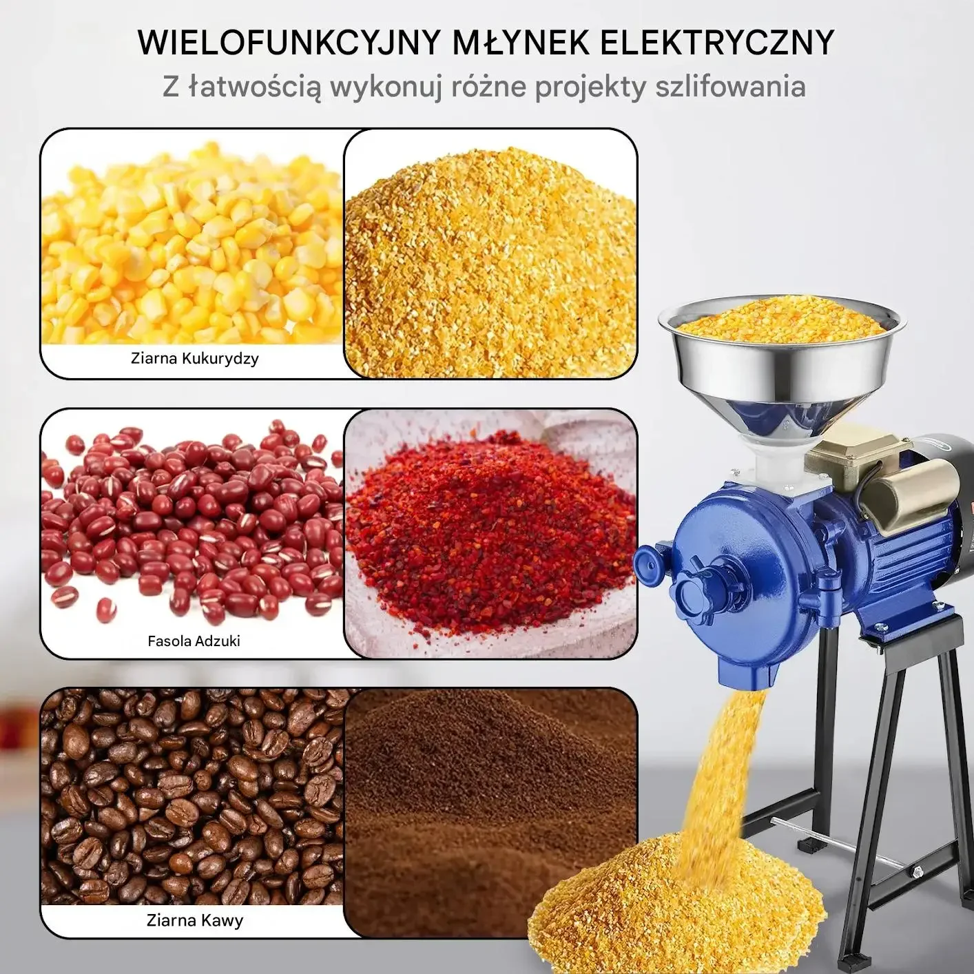 Młynek zbożowy elektryczny niebieski 3000W regulacja grubości pasza mąka - obrazek 5