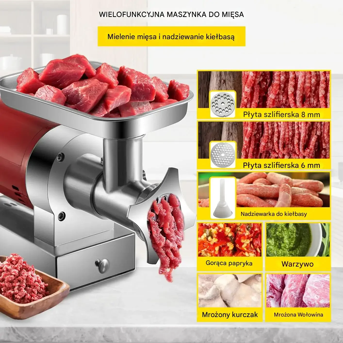 Maszynka do mięsa elektryczna 800W 300kg/h stal nierdzewna kiełbasy - obrazek 3