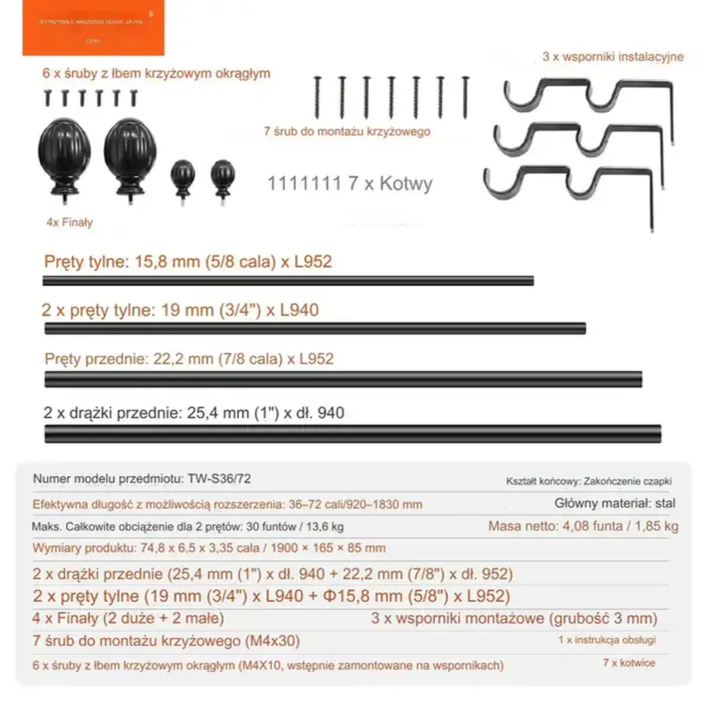 KARNISZ PODWÓJNY METALOWY REGULOWANY 92-183 cm - obrazek 2