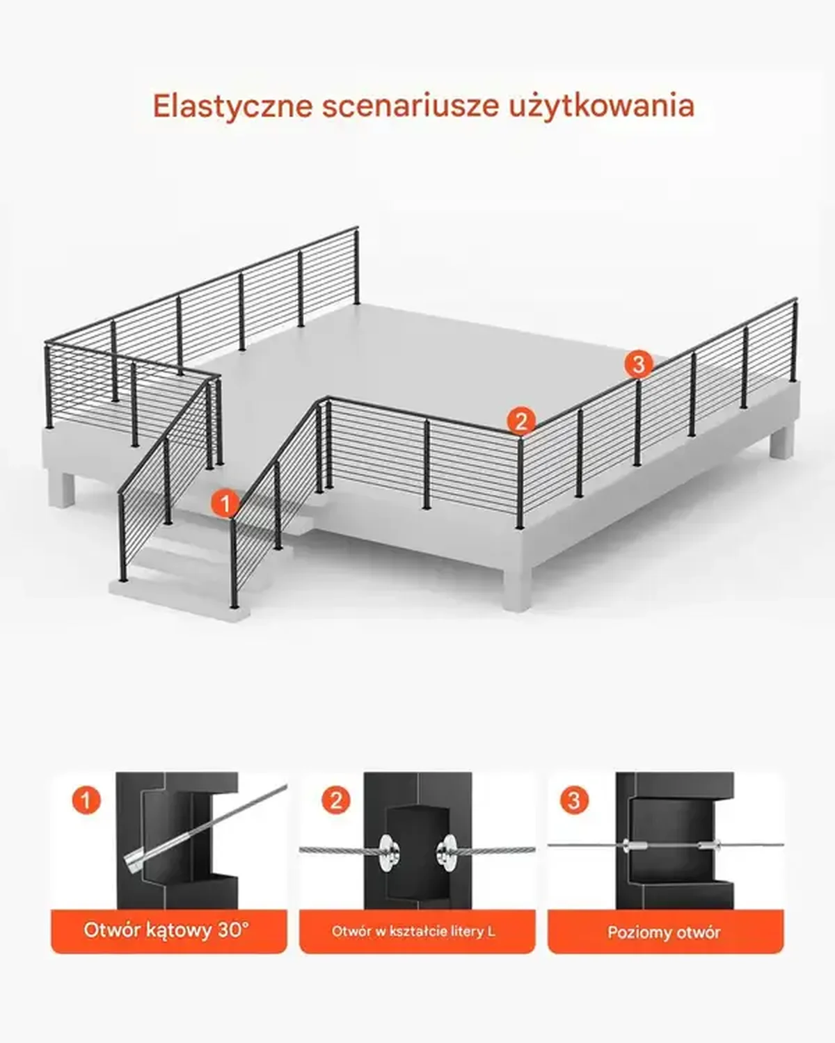 Słupki balustrady linowej 4 szt. stal nierdzewna, otwory montażowe czarne - obrazek 5