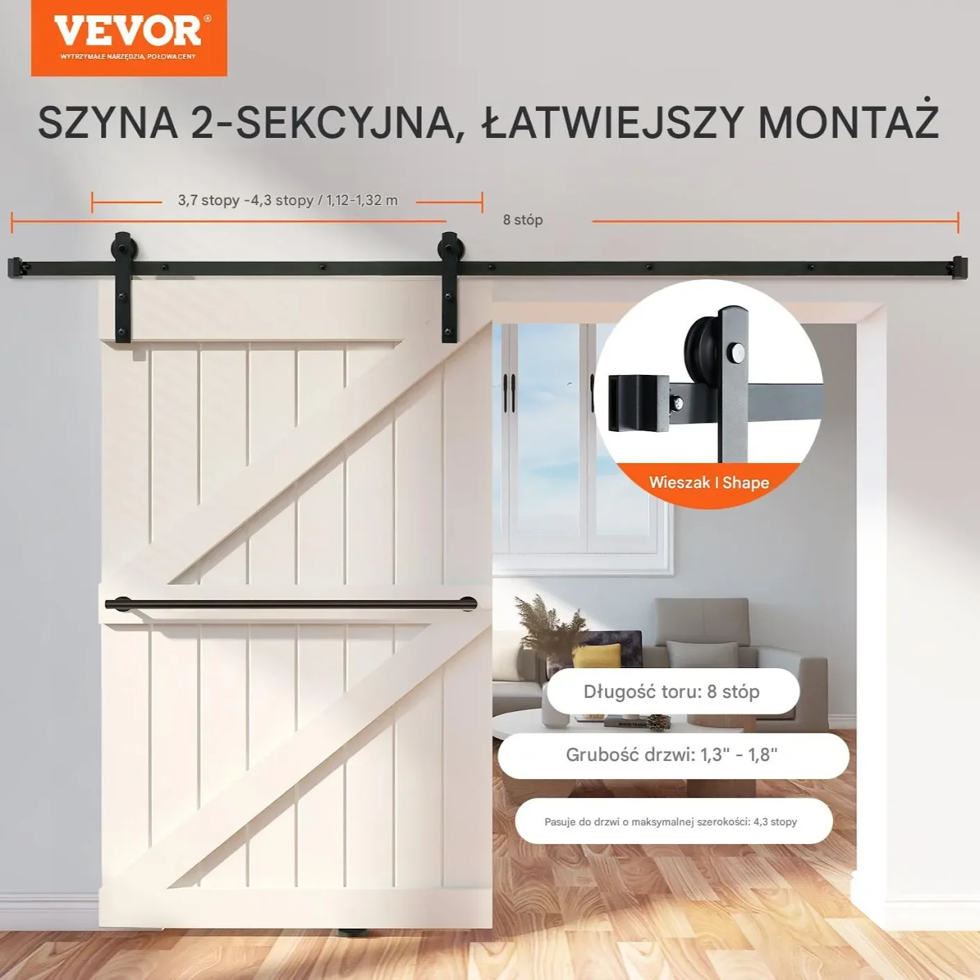 System Przesuwny do Drzwi Barn Door – Cichy System z Wieszakami I 2,4 m - obrazek 3