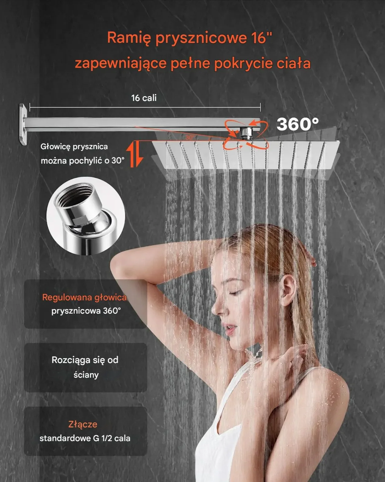 Zestaw prysznicowy deszczownica 30 cm z rączką srebrny montaż ścienny - obrazek 4