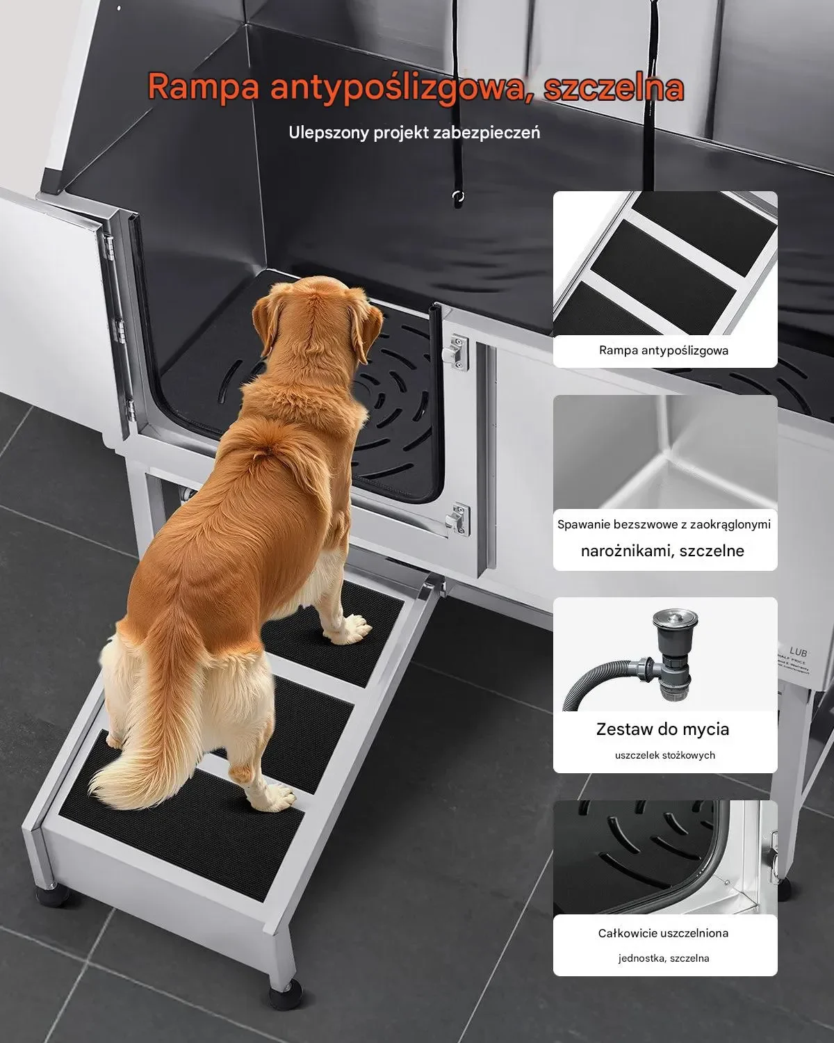 Wanna groomerska 127 cm stal nierdzewna rampa filtr prysznic drzwi lewe - obrazek 3