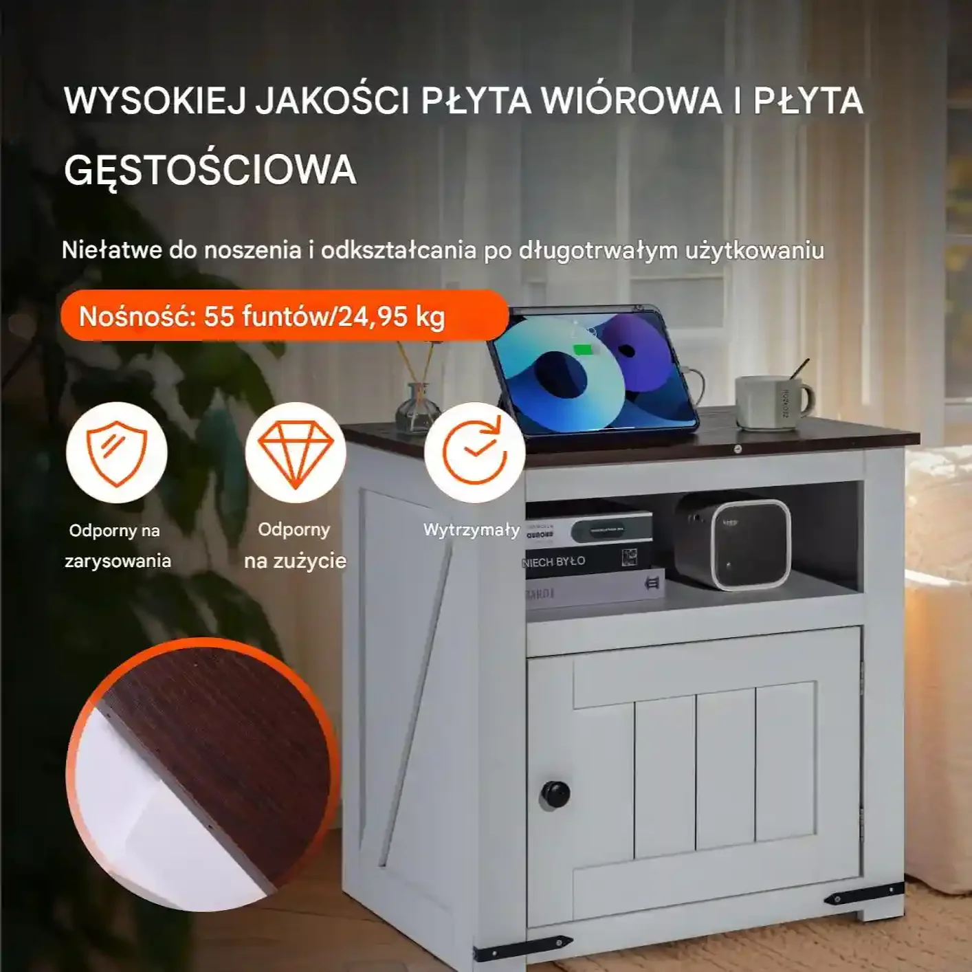 Stolik nocny z USB i szafką 3-poziomowy biały do salonu i sypialni - obrazek 3