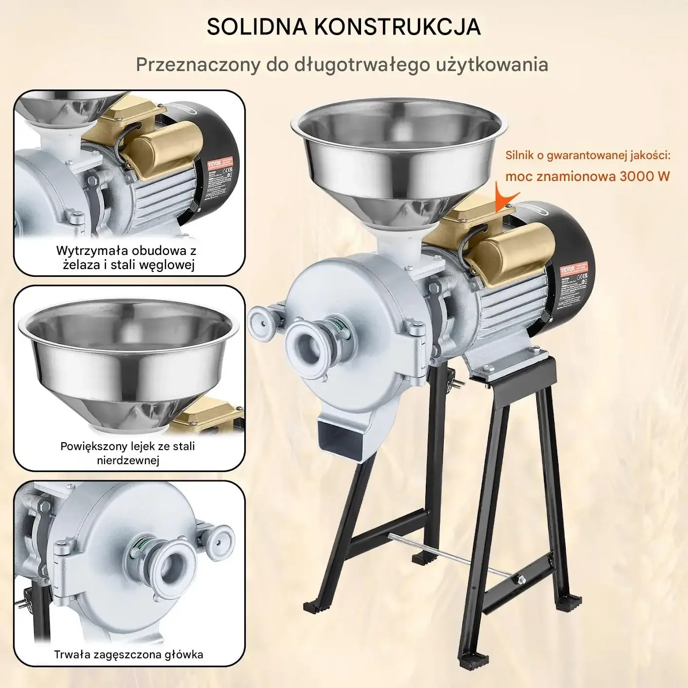 Młynek zbożowy elektryczny 3000W regulacja grubości pasza mąka - obrazek 2