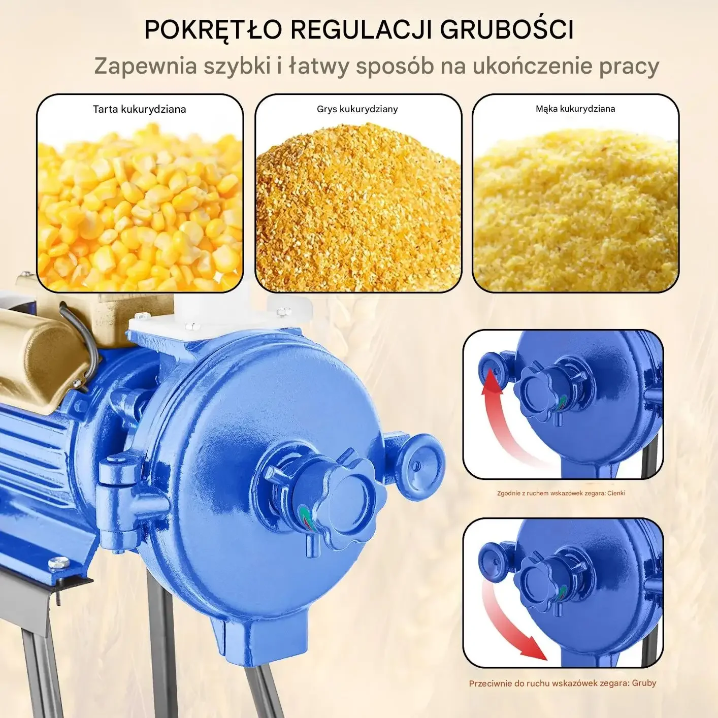 Młynek zbożowy elektryczny niebieski 3000W regulacja grubości pasza mąka - obrazek 2