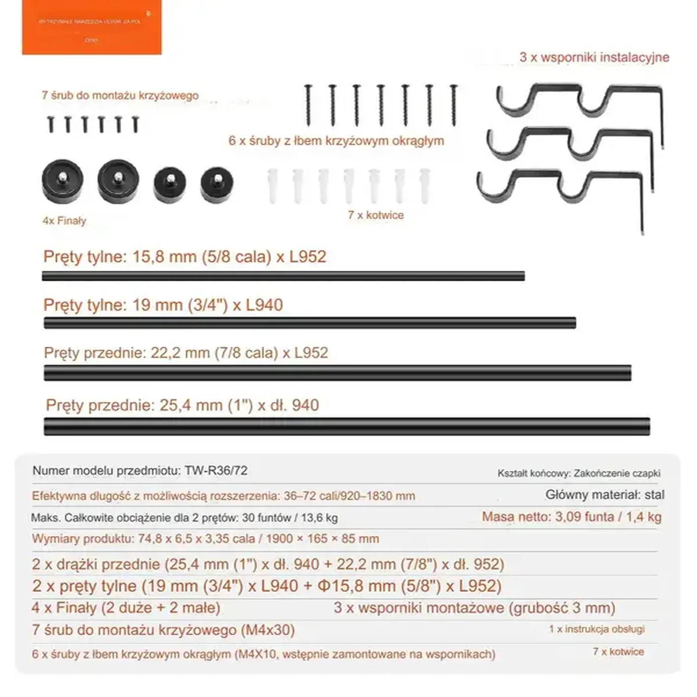 KARNISZ PODWÓJNY METALOWY REGULOWANY 92-183 cm - obrazek 2