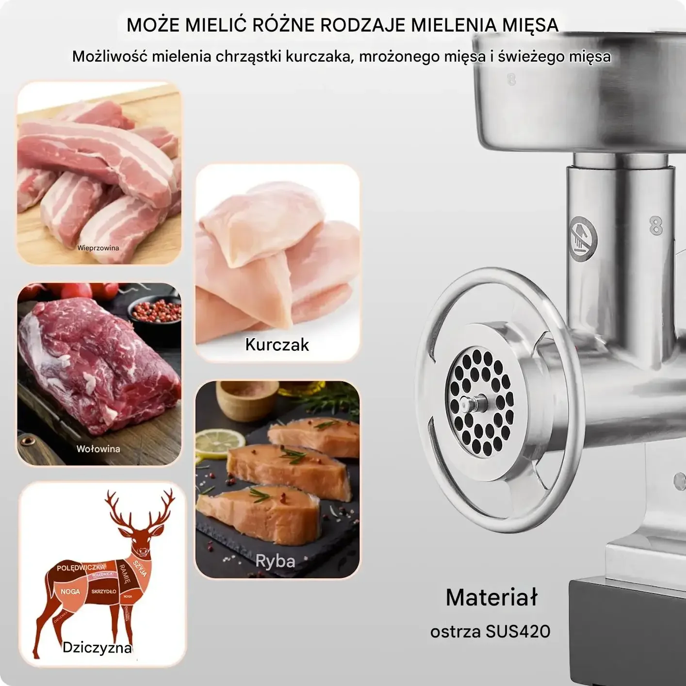 Maszynka do mięsa elektryczna 2,72kg/min stal nierdzewna kiełbasy szynka - obrazek 6