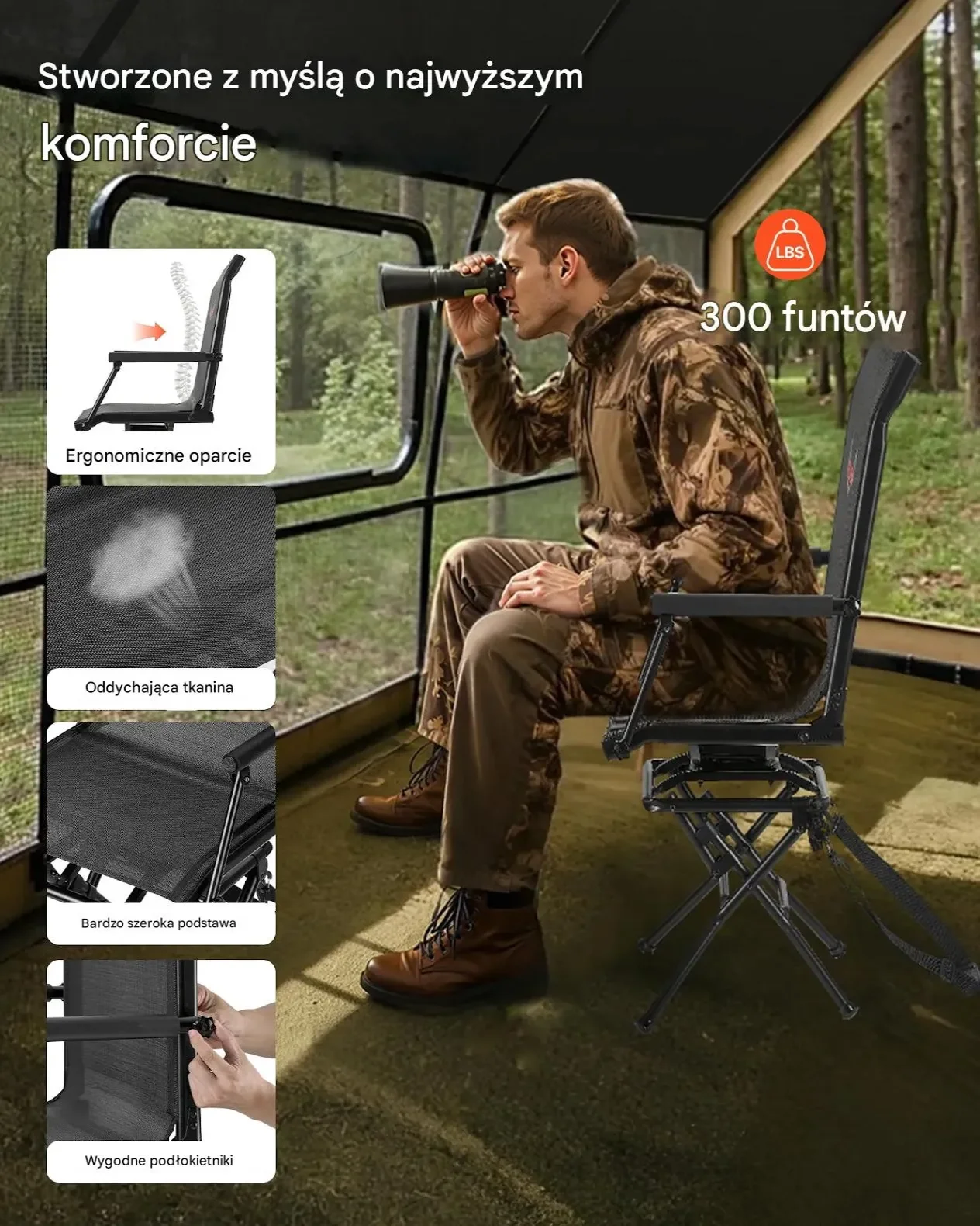 Krzesełko myśliwskie wędkarskie 360° składane lekkie z podłokietnikami - obrazek 2