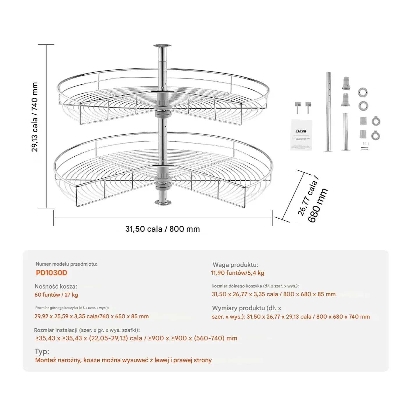 Szafka narożna system cargo obrotowy 2 poziomy chrom 80 cm kuchnia