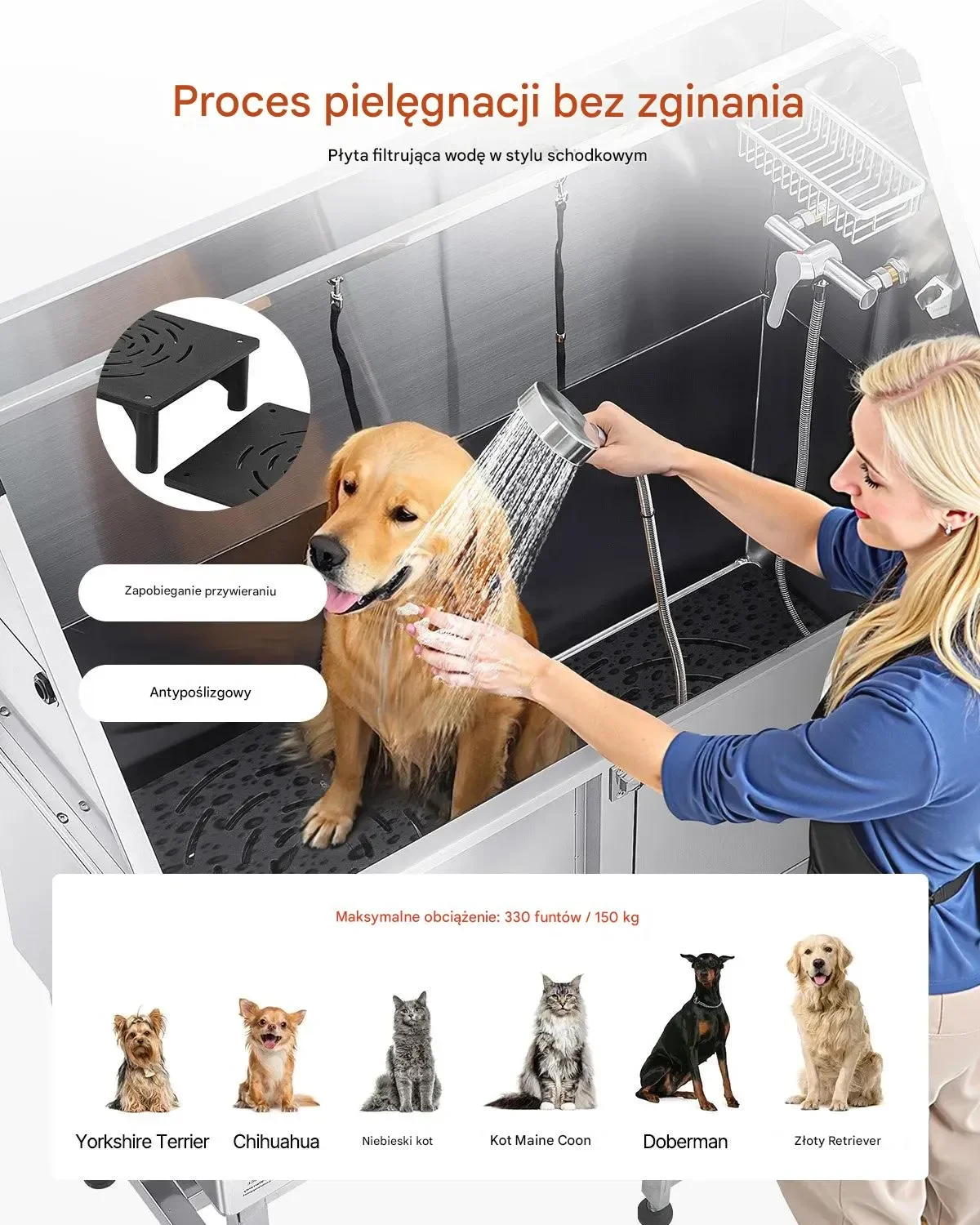 Wanna groomerska 127 cm stal rampa filtr prysznic dozownik drzwi prawe - obrazek 4