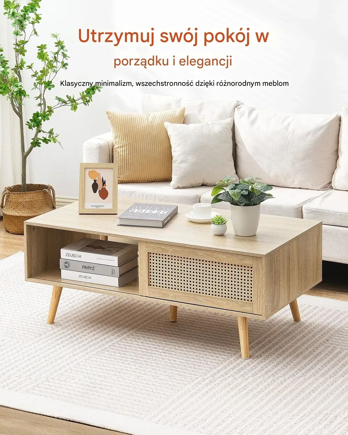 Stolik Kawowy Rattan Prostokątny 2-poziomowy do Salonu Naturalny Stylowy - obrazek 5