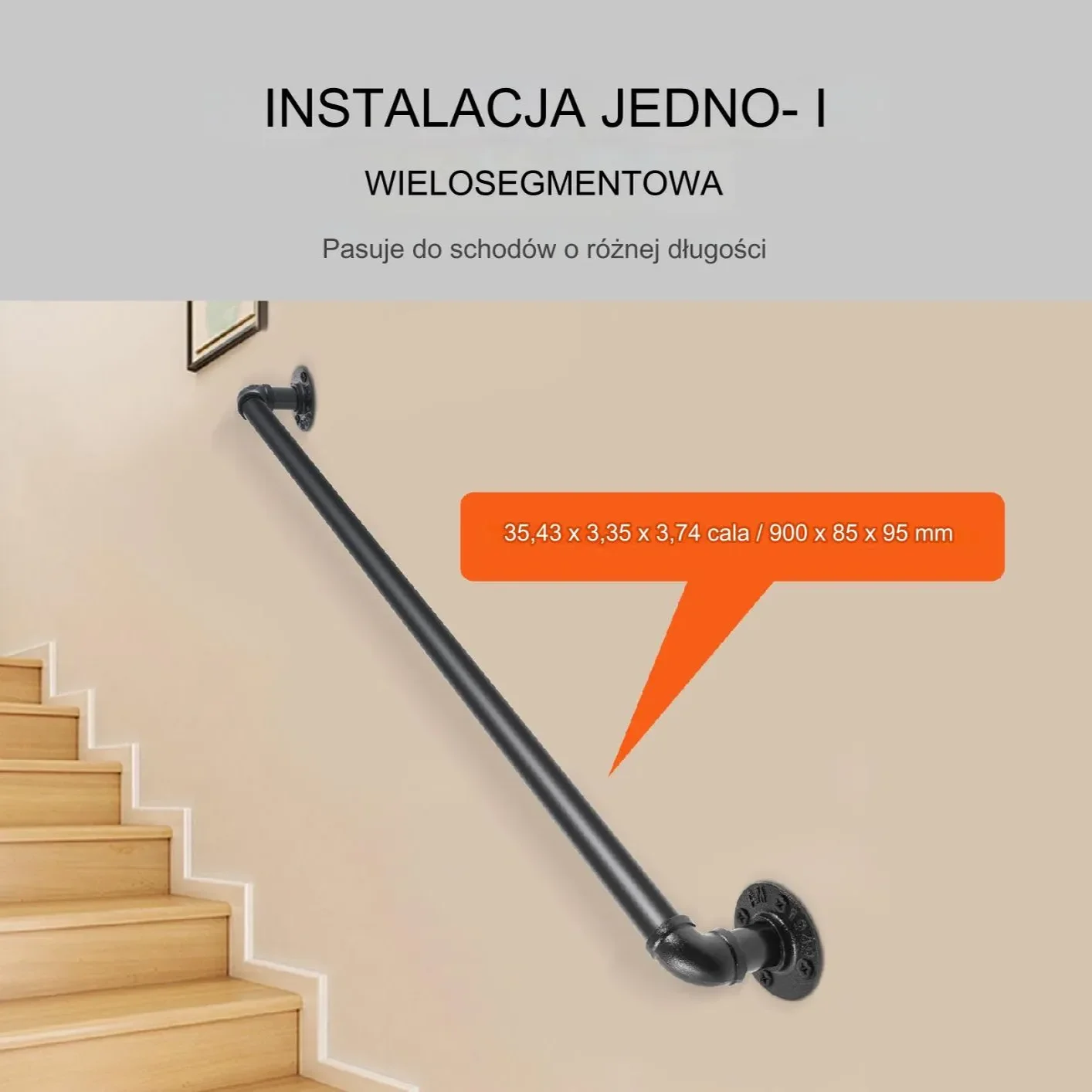 Poręcz schodowa 90cm stalowa ścienna rura montaż bezpieczeństwo wewnętrzna - obrazek 3